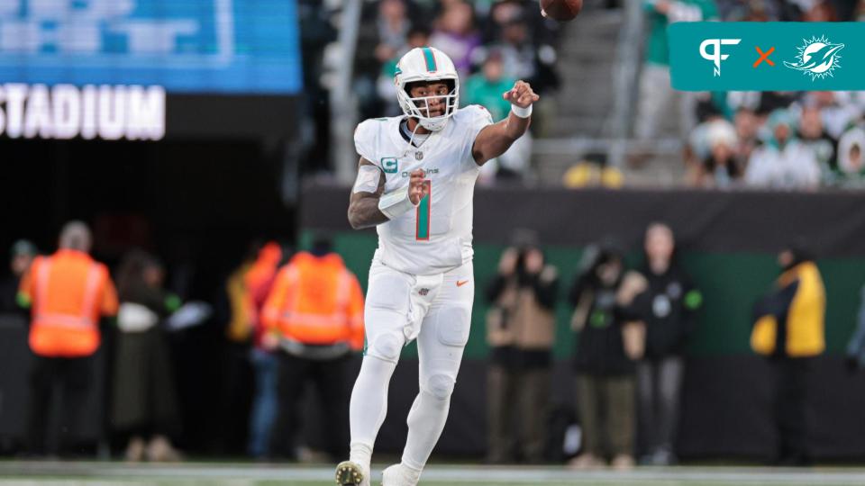 Miami Dolphins quarterback Tua Tagovailoa (1) throws the ball during the first half against the New York Jets at MetLife Stadium.