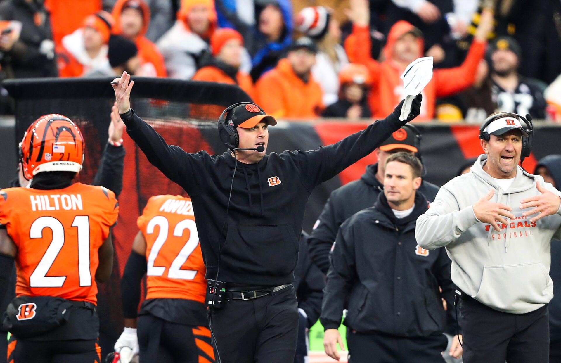 Cincinnati Bengals head coach Zac Taylor looks for a call during the third quarter against the Pittsburgh Steelers at Paycor Stadium.