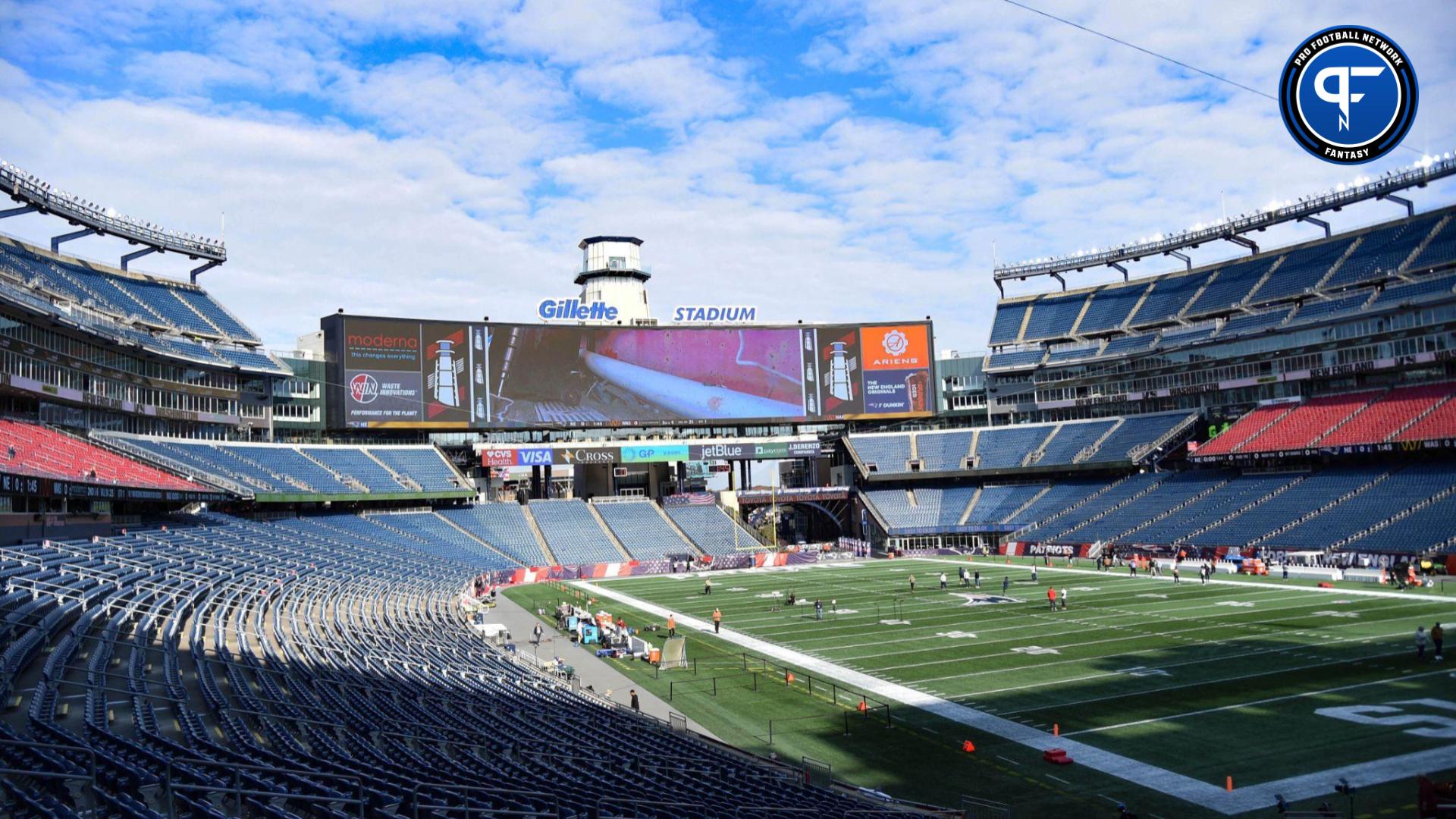 A general view of Gillette Stadium prior to a game between the New England Patriots and Washington Commanders at Gillette Stadium.