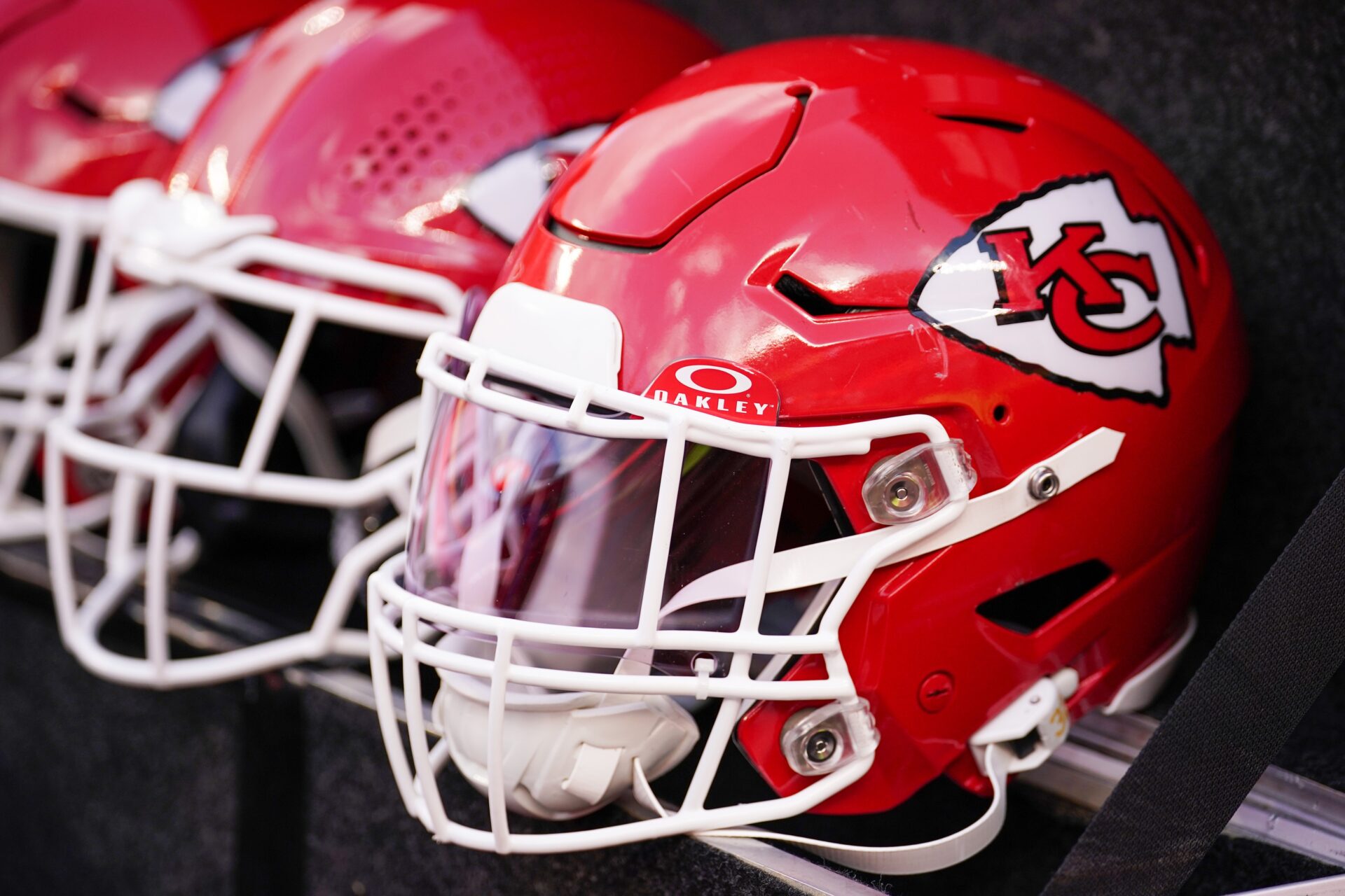 A general view of a Kansas City Chiefs helmet against then Denver Broncos prior to a game at GEHA Field at Arrowhead Stadium.