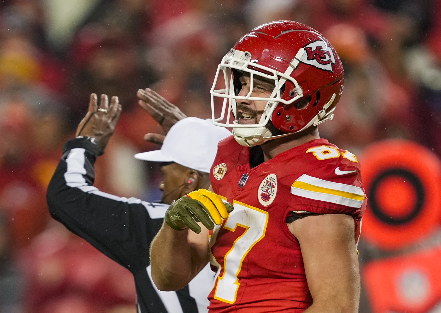 Kansas City Chiefs tight end Travis Kelce (87) reacts after getting called for a penalty during the second half against the Philadelphia Eagles at GEHA Field at Arrowhead Stadium.