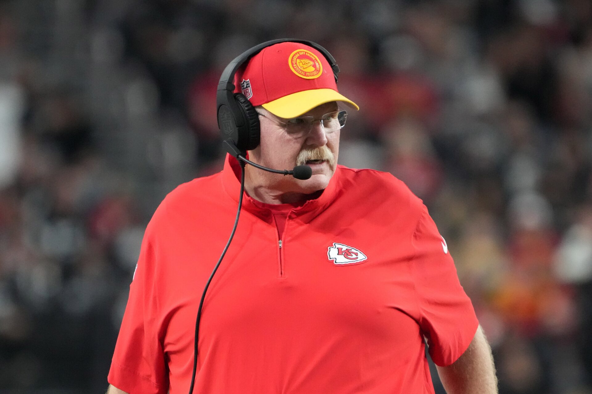 Kansas City Chiefs coach Andy Reid watches from the sidelines against the Las Vegas Raiders in the second half at Allegiant Stadium.