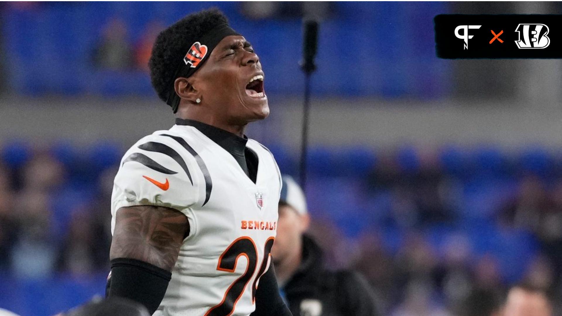Cam Taylor-Britt (29) gets hype during warmups before the first quarter of the NFL Week 11 game between the Baltimore Ravens and the Cincinnati Bengals at M&T Bank Stadium.