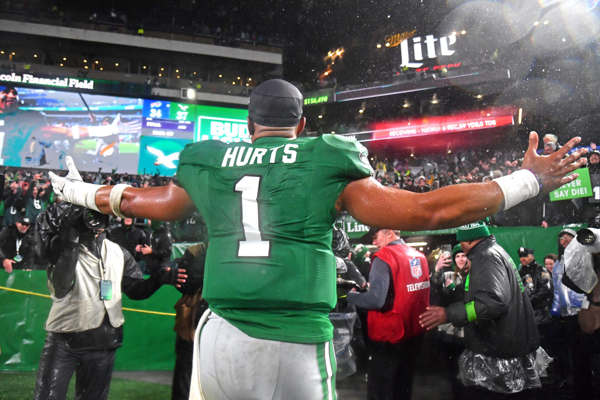 Philadelphia Eagles quarterback Jalen Hurts (1) walks off the field after overtime win against the Buffalo Bills at Lincoln Financial Field.