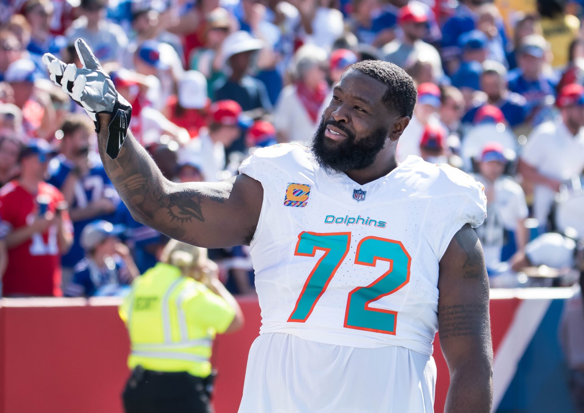 Miami Dolphins offensive tackle Terron Armstead (72) reacts to the crowd before a game against the Buffalo Bills.