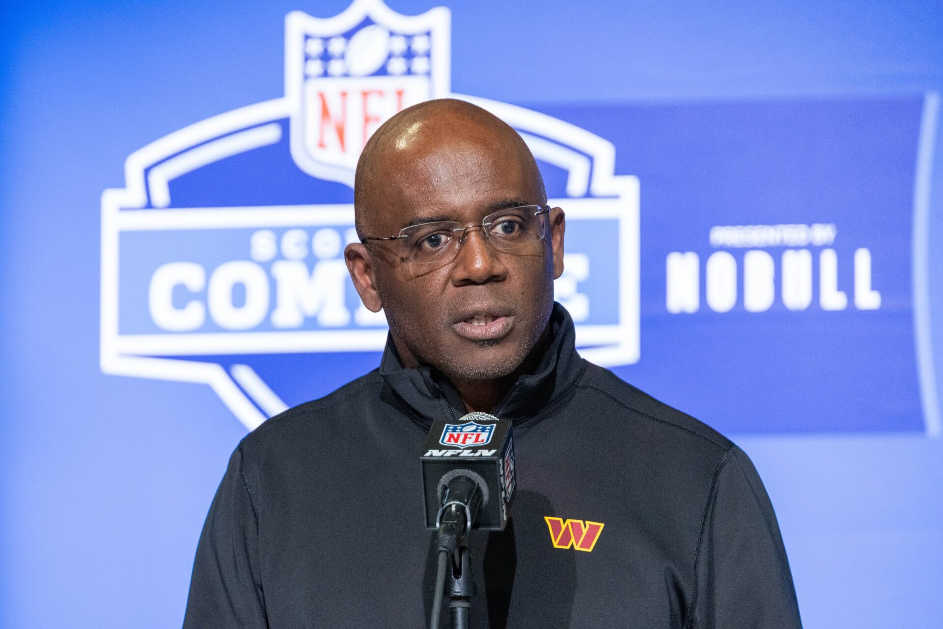 Washington Commanders general manager Martin Mayhew speaks to the press at the NFL Combine at Lucas Oil Stadium.