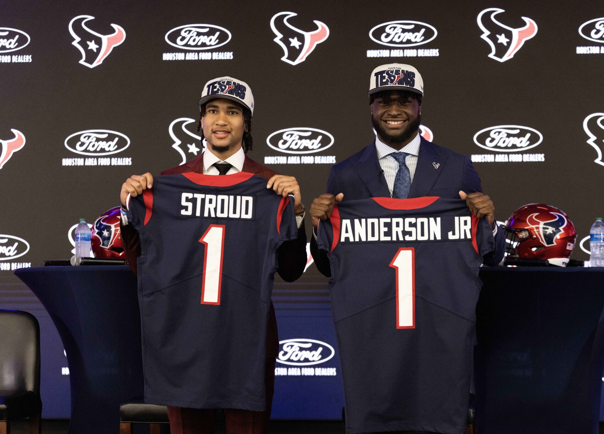 From left to right, Houston Texans quarterback CJ Stroud (left), second overall pick in the 2023 NFL Draft, and Texans linebacker Will Anderson Jr., third overall pick in the 2023 NFL Draft, pose for a photo at a press conference at NRG Stadium.
