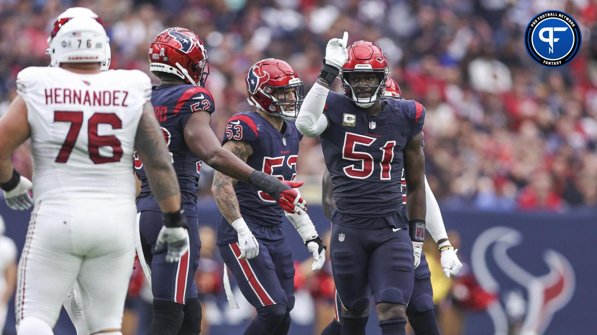 Houston Texans defensive end Will Anderson Jr. (51) reacts after making a tackle during the fourth quarter against the Arizona Cardinals at NRG Stadium.