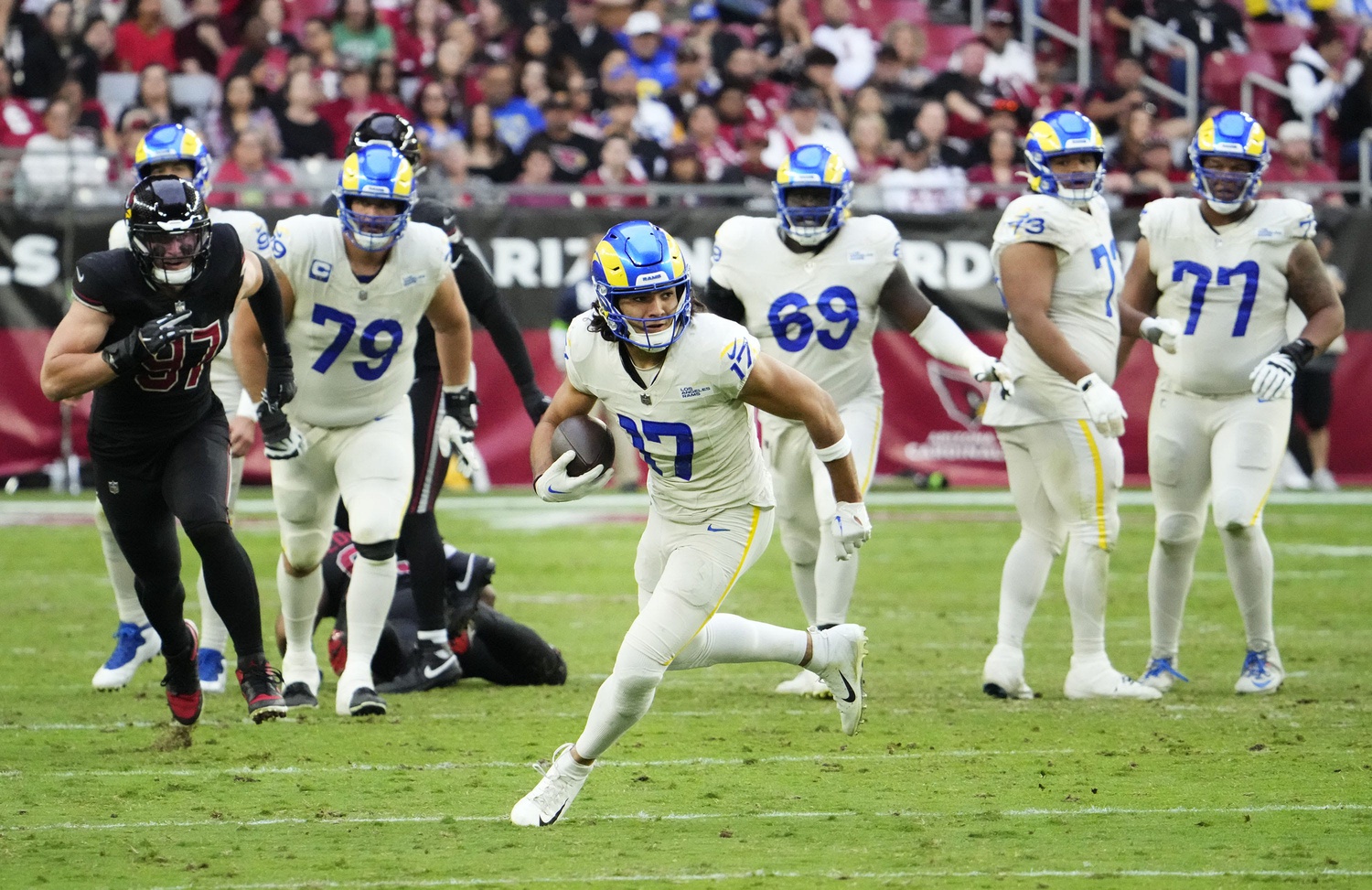 Puka Nacua (17) breaks down field against the Arizona Cardinals in the second half at State Farm Stadium.