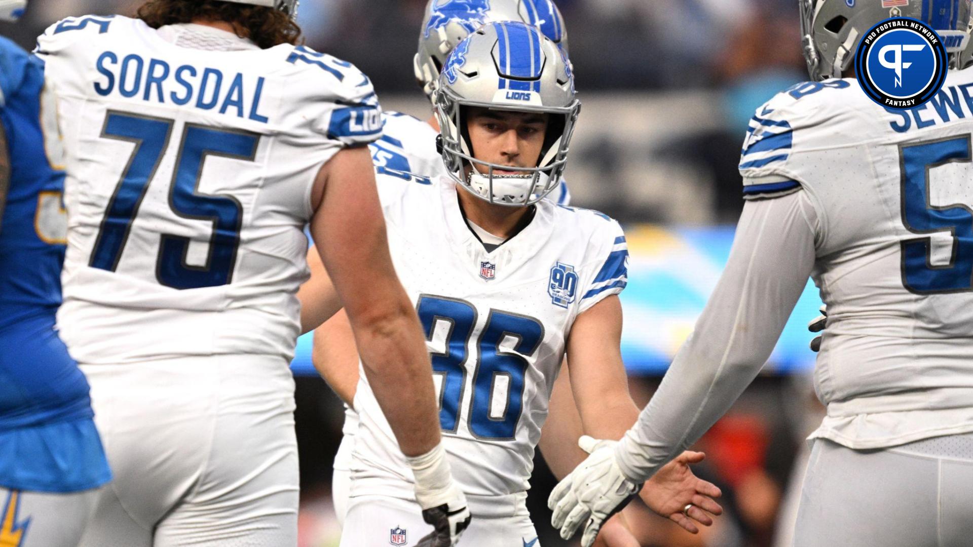 Detroit Lions place kicker Riley Patterson (36) is congratulated after a field goal against the Los Angeles Chargers during the first half at SoFi Stadium.