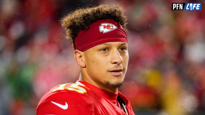 Kansas City Chiefs quarterback Patrick Mahomes (15) reacts after a game against the Philadelphia Eagles at GEHA Field at Arrowhead Stadium.