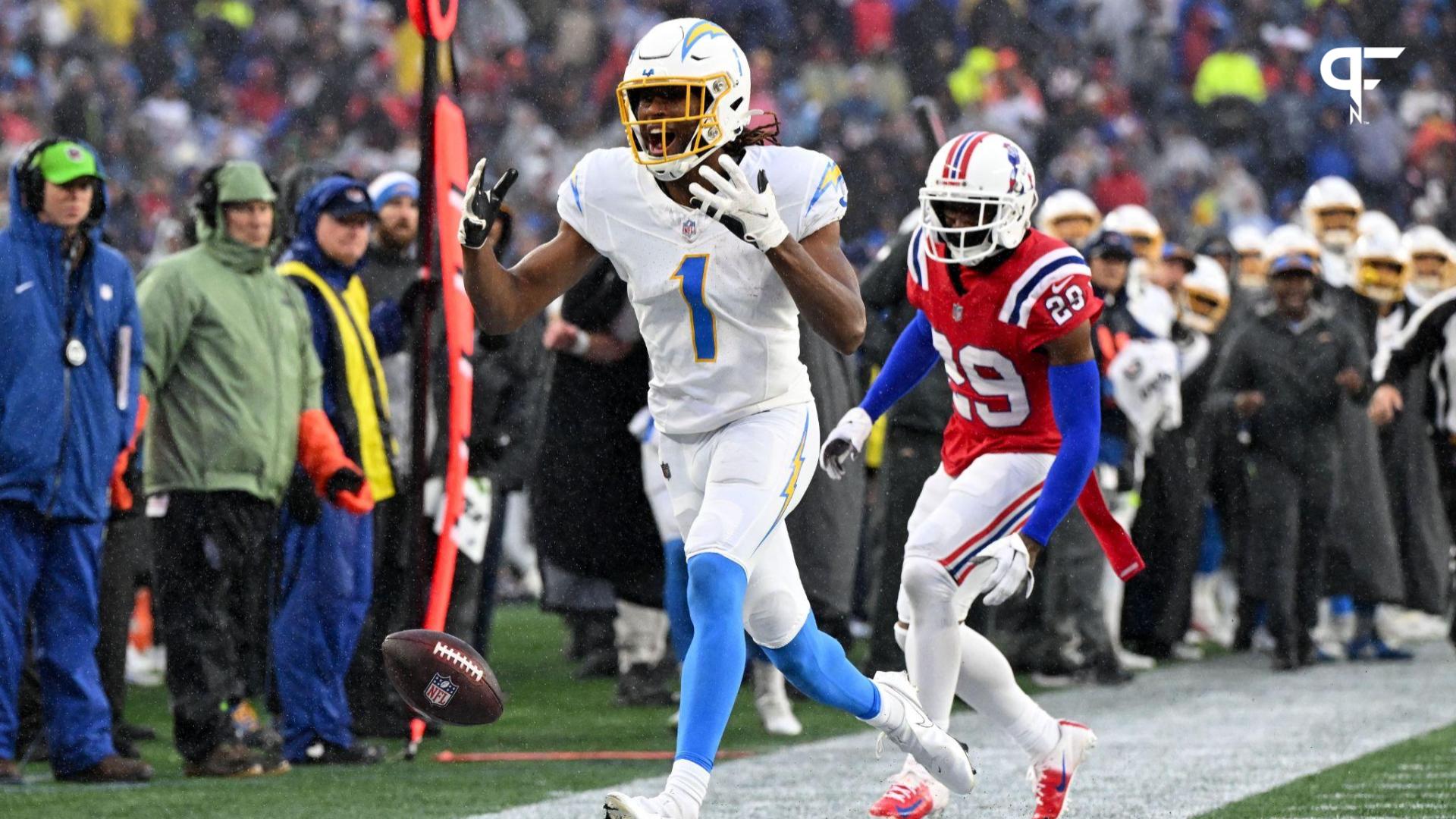 Los Angeles Chargers wide receiver Quentin Johnston (1) reacts after dropping a pass during the second half of a game against the New England Patriots at Gillette Stadium.