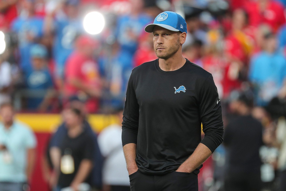 Detroit Lions offensive coordinator Ben Johnson watches warm up ahead of the season opener against the Kansas City Chiefs.