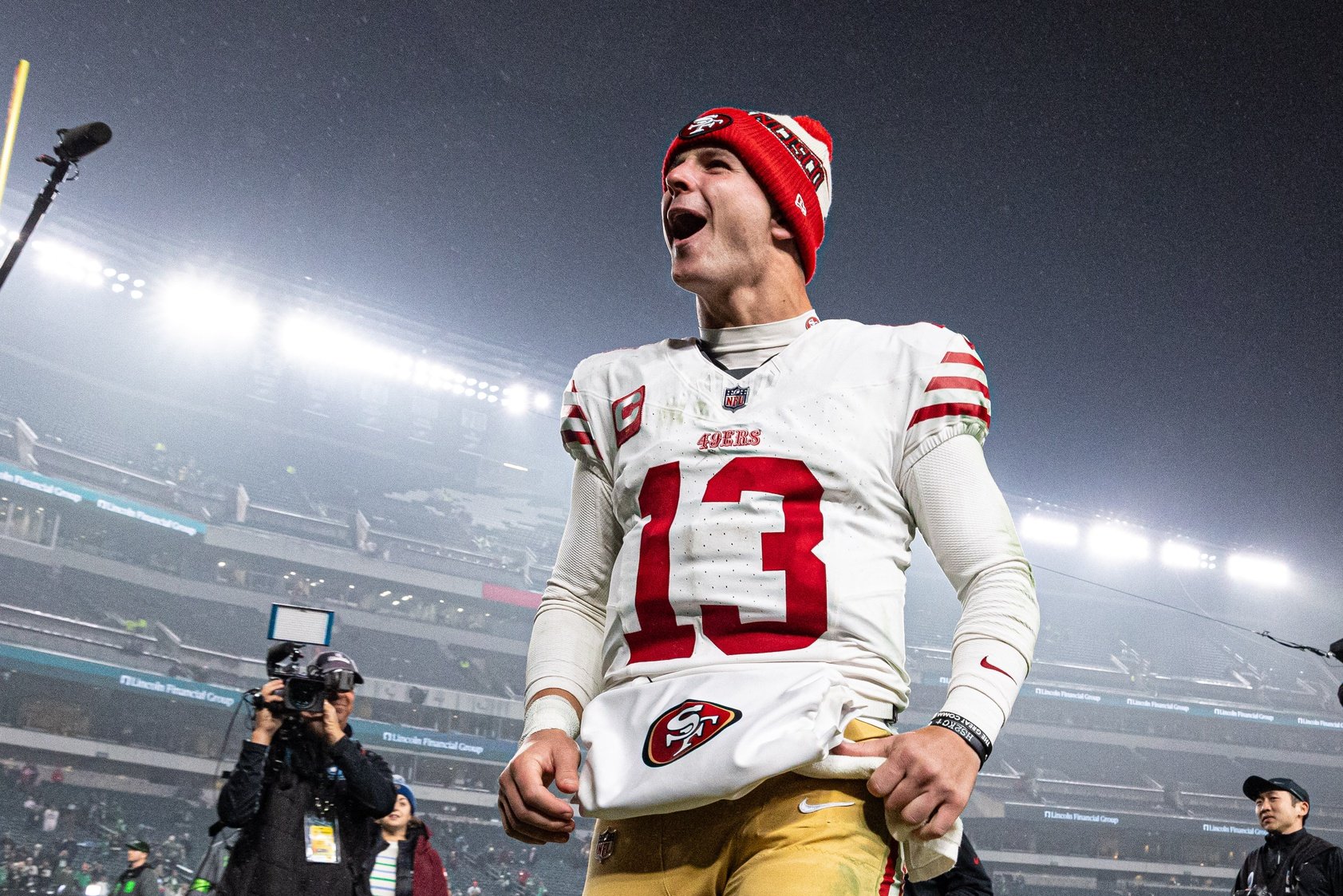 San Francisco 49ers QB Brock Purdy (13) celebrates after the team's victory over the Philadelphia Eagles.