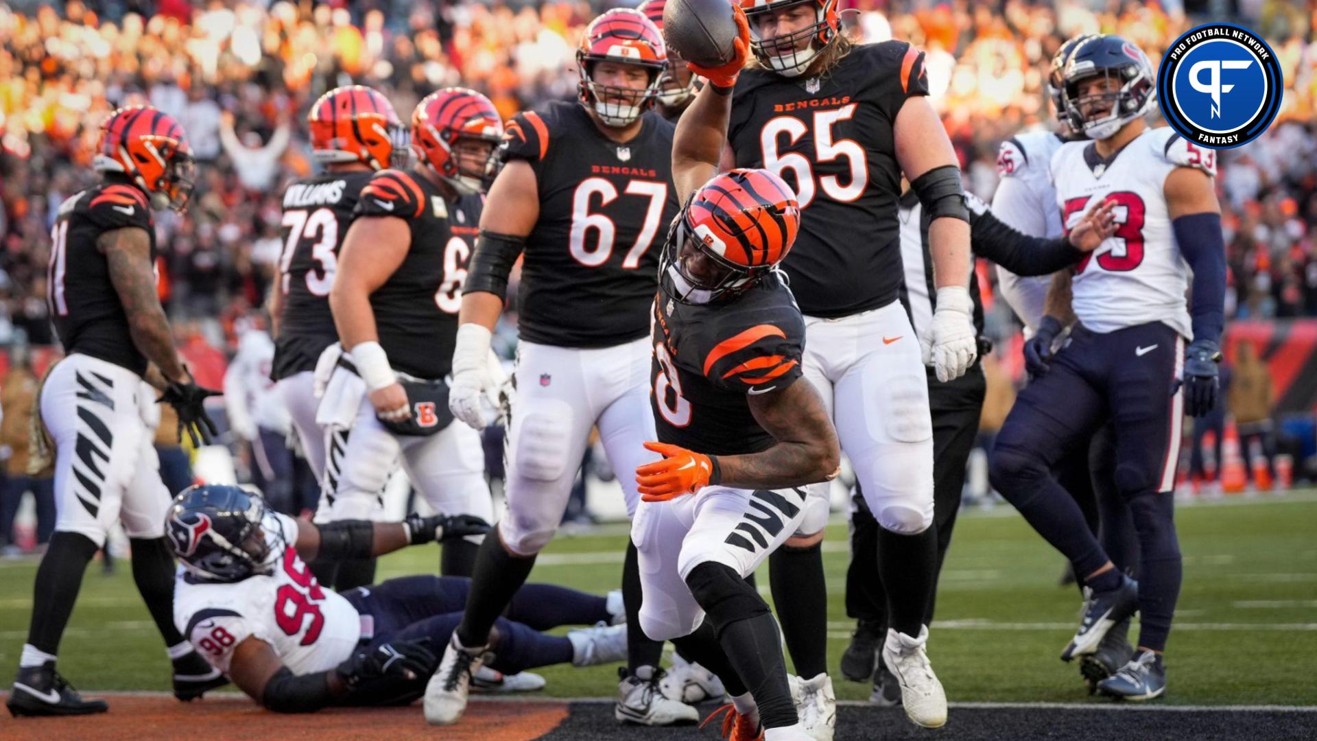 Mixon (28) spikes the ball after running in a touchdown to bring the game within three points in the fourth quarter of the NFL Week 10 game between the Cincinnati Bengals and the Houston Texans at Paycor Stadium.