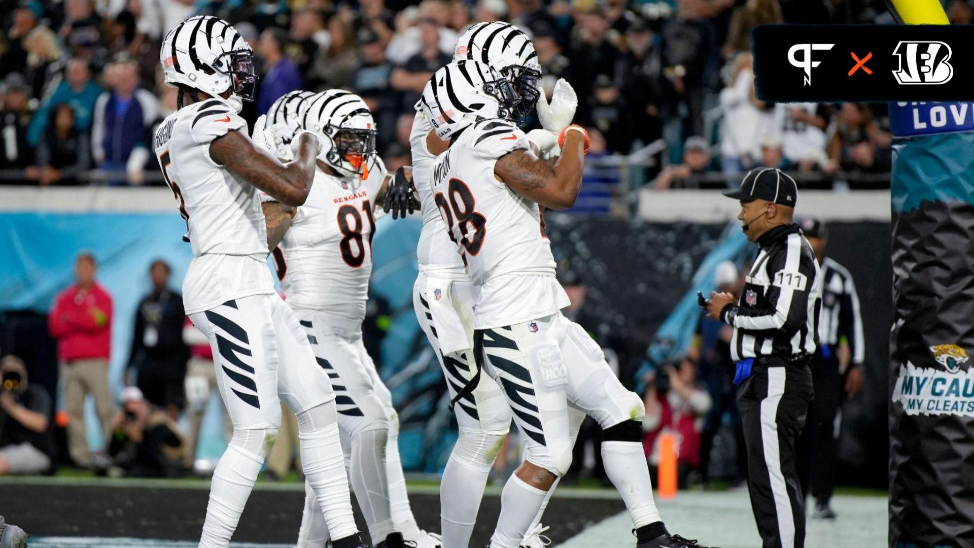 Cincinnati Bengals running back Joe Mixon (28) celebrates a rushing touchdown with teammates in the first half of a Week 13 NFL football game against the Jacksonville Jaguars, Monday, Dec. 4, 2023, at EverBank Stadium in Jacksonville, Fla.