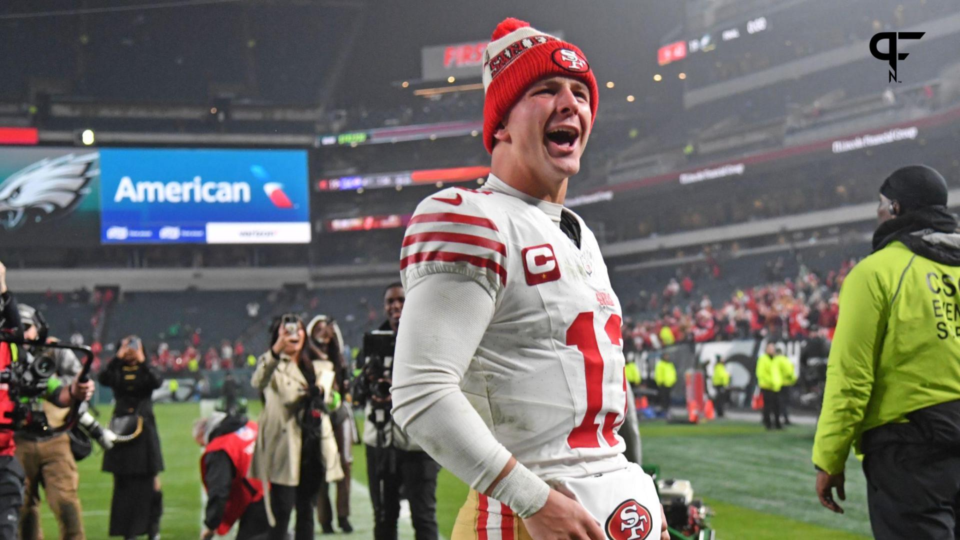 San Francisco 49ers quarterback Brock Purdy (13) walks off the field after win against the Philadelphia Eagles at Lincoln Financial Field.