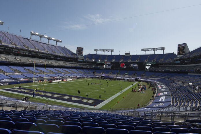 A general view of M&T Bank Stadium as the Cleveland Browns and Baltimore Ravens warm up on the field prior to the game.