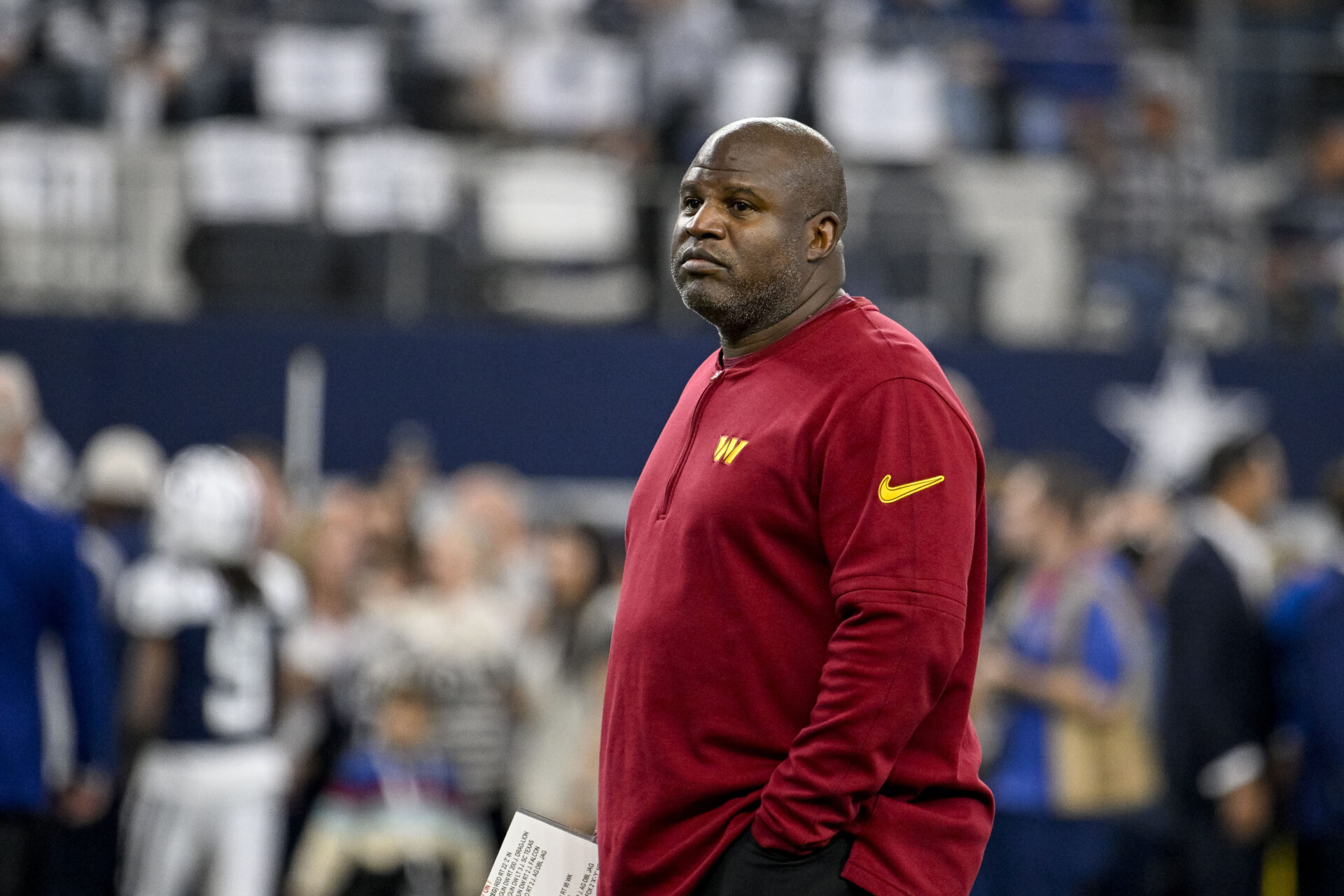 Washington Commanders offensive coordinator Eric Bieniemy before the game between the Dallas Cowboys and the Washington Commanders at AT&T Stadium.