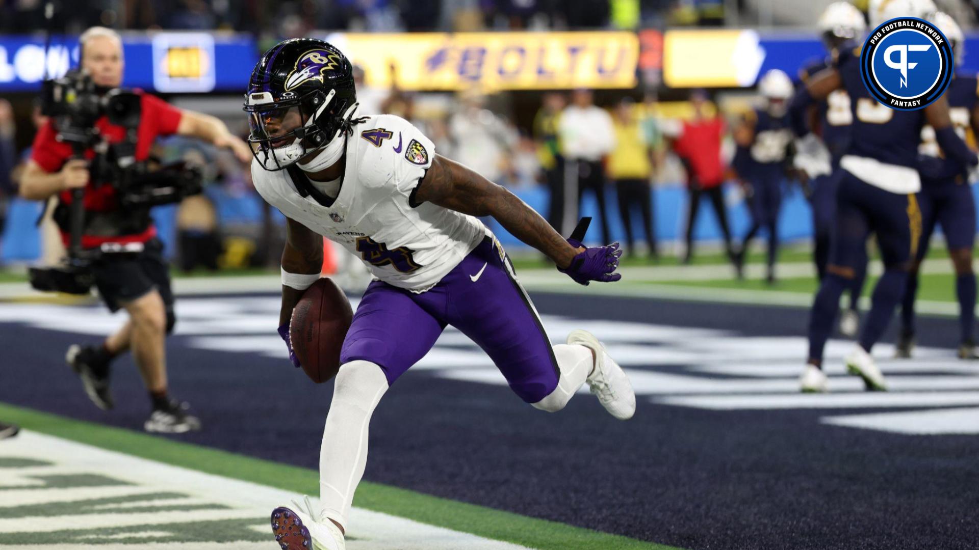 Baltimore Ravens WR Zay Flowers (4) reacts after a touchdown against the Los Angeles Chargers.