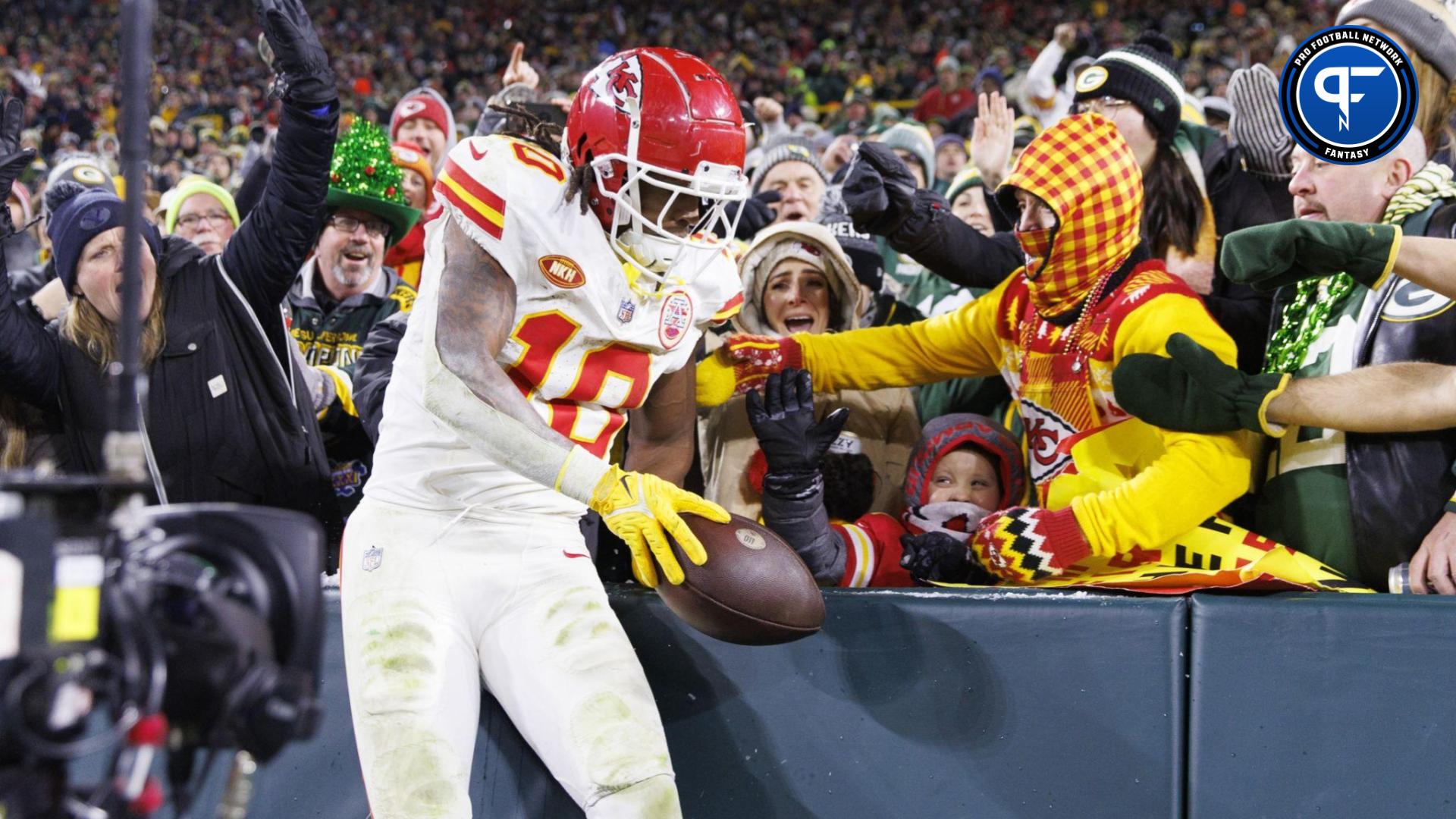 Kansas City Chiefs running back Isiah Pacheco (10) celebrates after scoring a touchdown during the third quarter against the Green Bay Packers at Lambeau Field.
