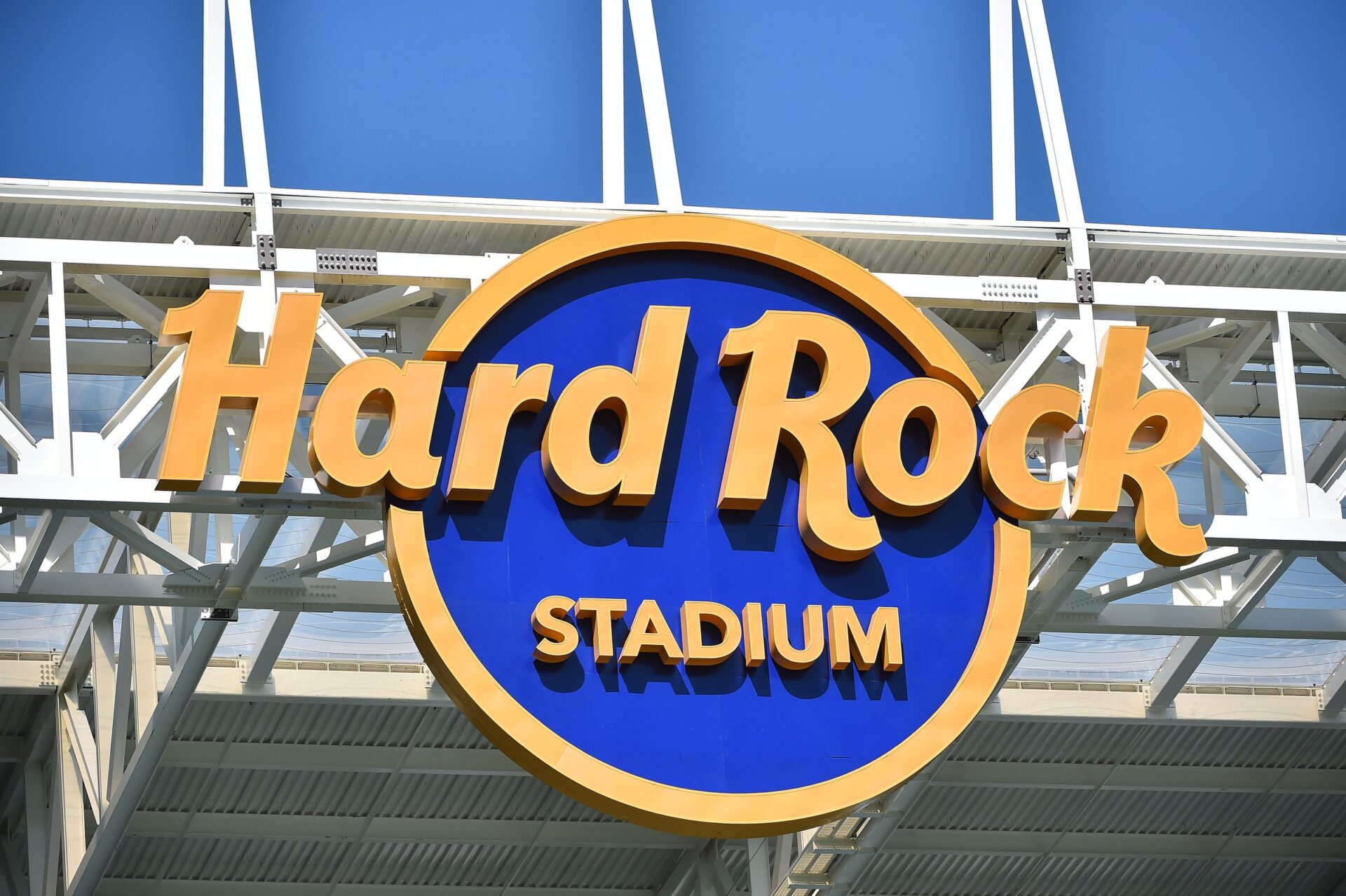 A general view of the Hard Rock logo at Hard Rock Stadium in Miami Gardens, Florida.