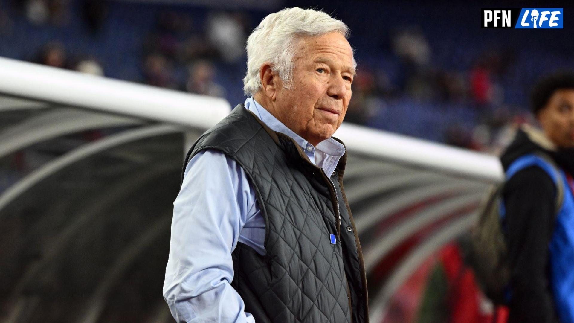 The owner of the New England Revolution, Robert Kraft, looks on during warms ups before the game against the Philadelphia Union at Gillette Stadium.