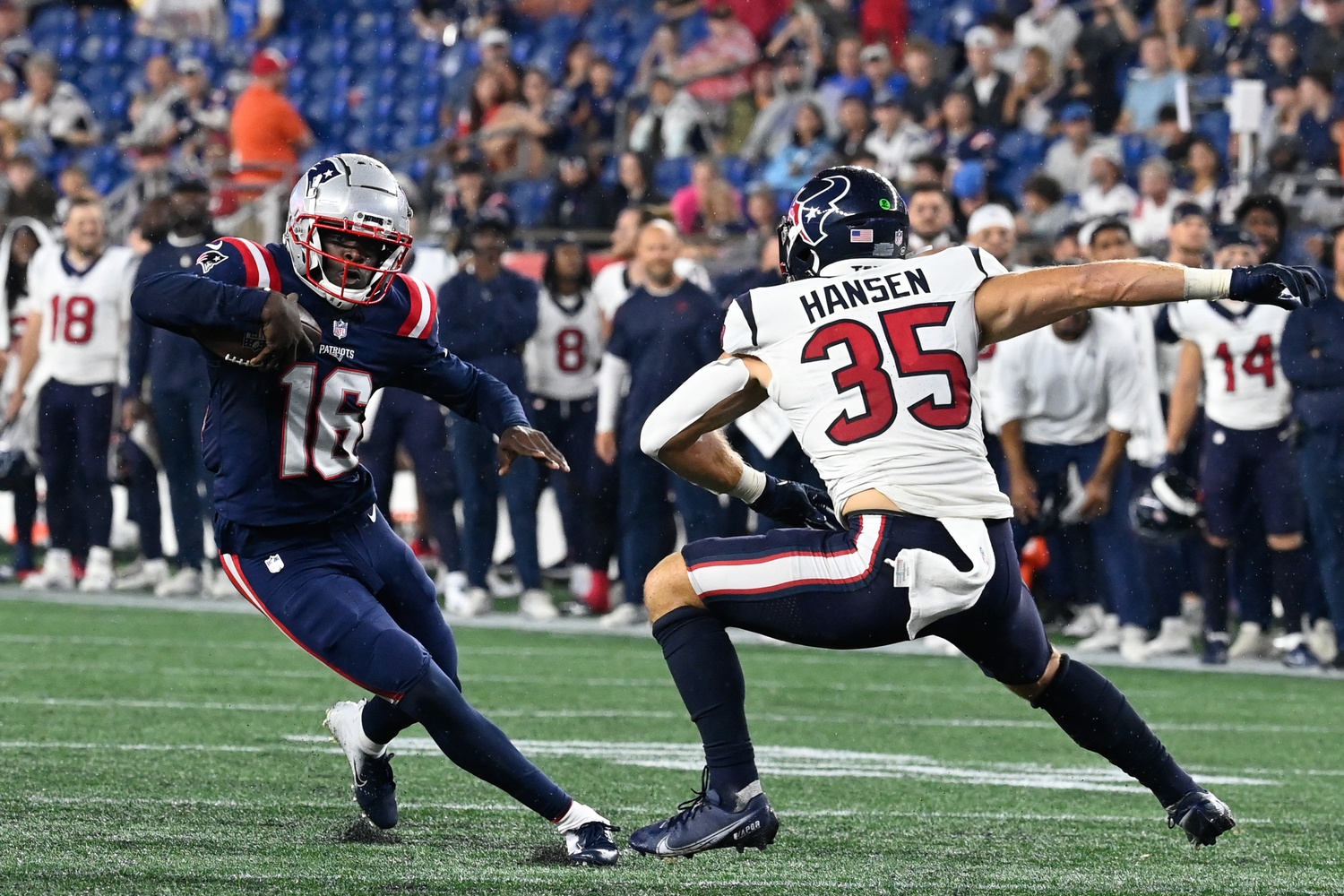 New England Patriots quarterback Malik Cunningham (16) runs the ball as Houston Texans linebacker Jake Hansen (35) closes in during the second half at Gillette Stadium.