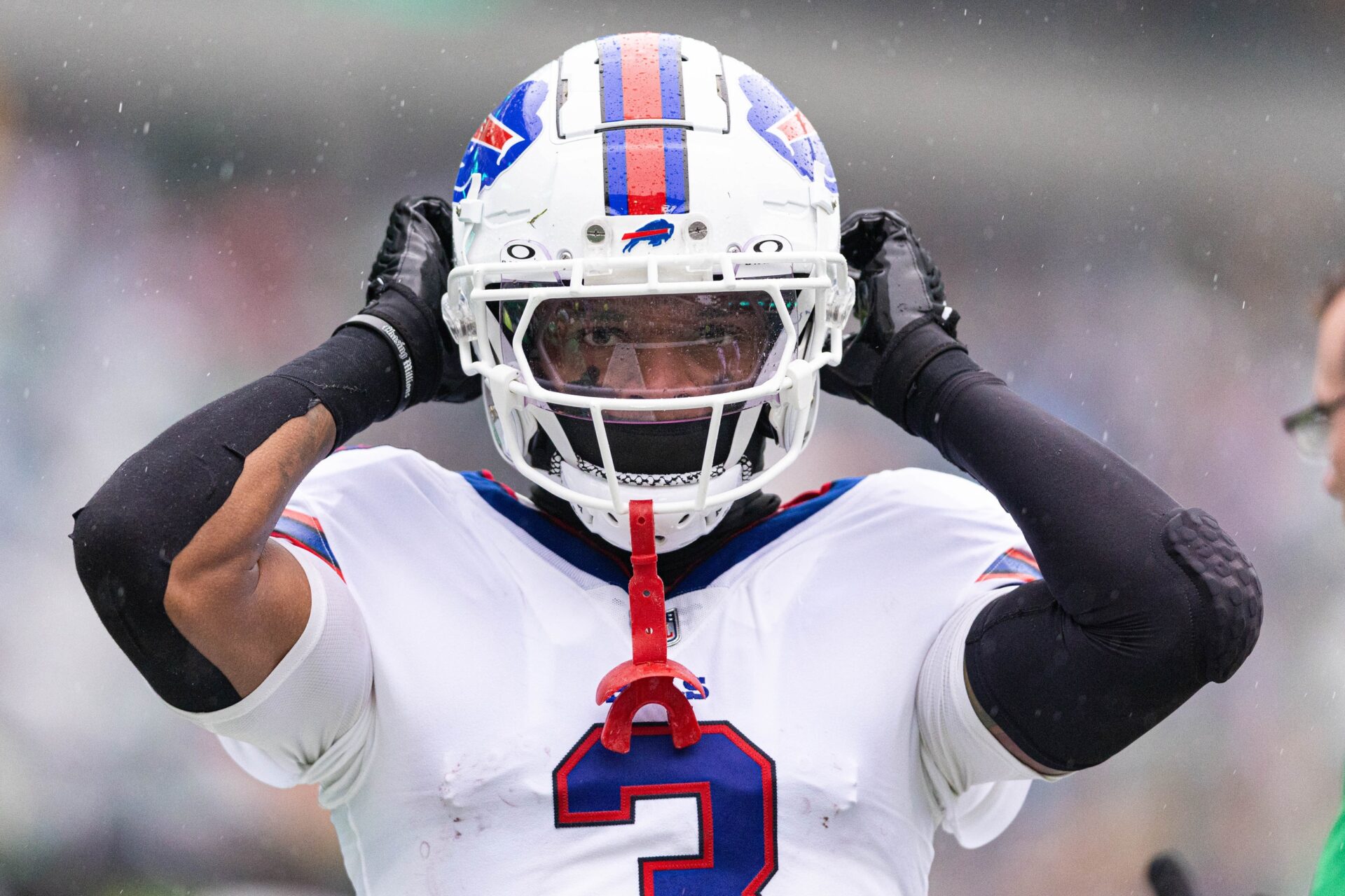 Buffalo Bills safety Damar Hamlin (3) takes the field for action against the Philadelphia Eagles at Lincoln Financial Field.