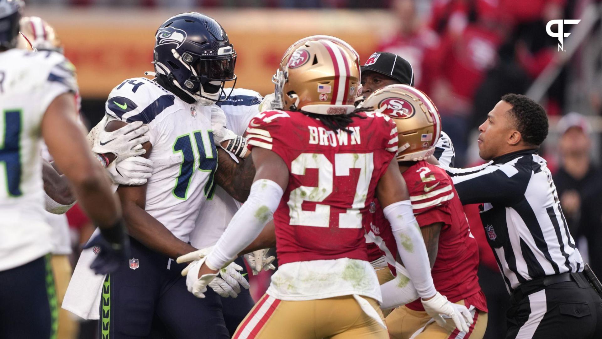 Seattle Seahawks wide receiver DK Metcalf (14) faces off against San Francisco 49ers cornerback Deommodore Lenoir (2) during the fourth quarter at Levi's Stadium.