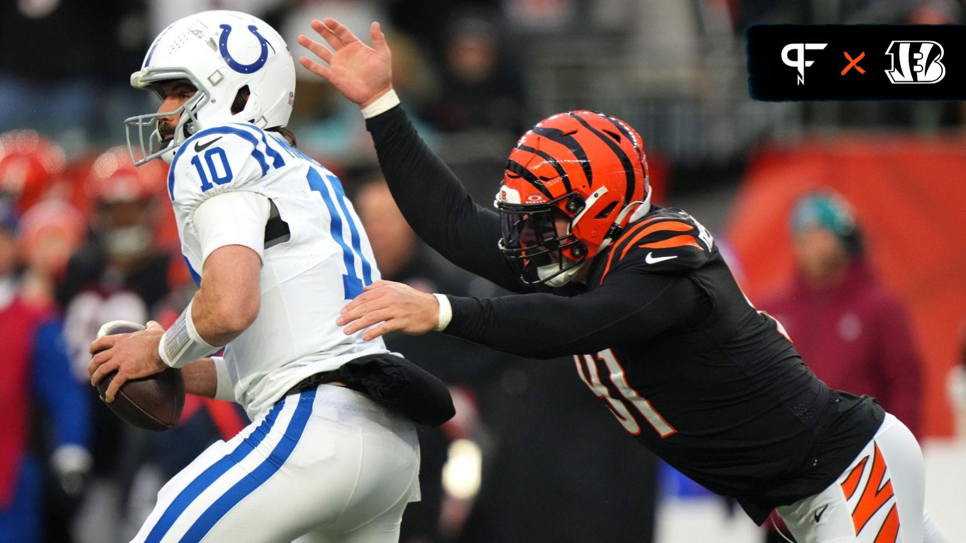 Cincinnati Bengals defensive end Trey Hendrickson (91) sacks Indianapolis Colts quarterback Gardner Minshew (10) in the fourth quarter.
