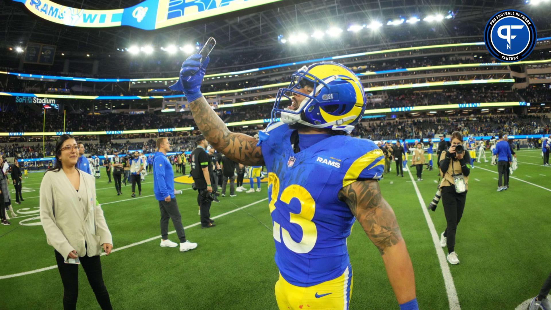 Los Angeles Rams running back Kyren Williams (23) leaves the field after the game against the New Orleans Saints in the second half at SoFi Stadium.