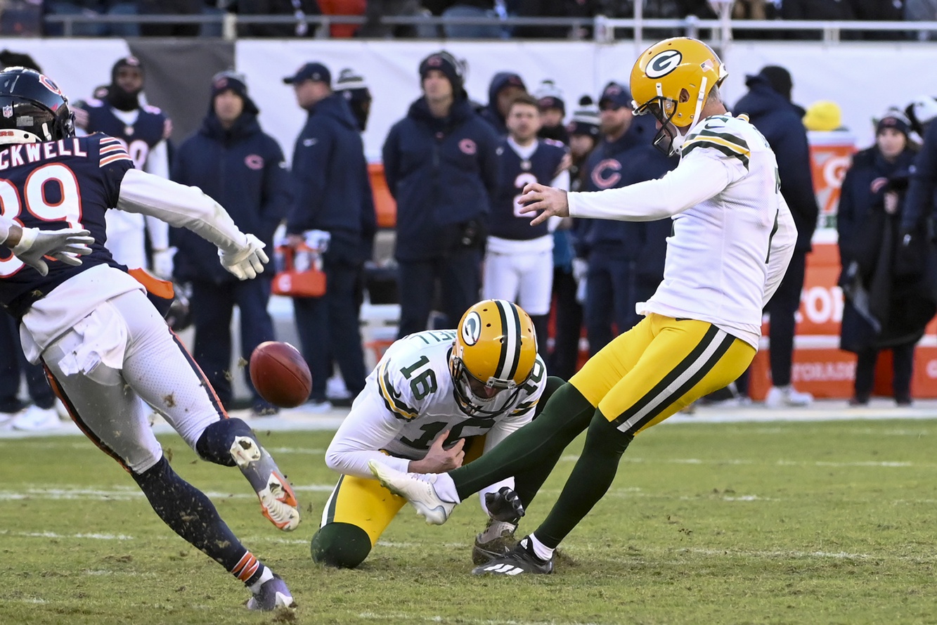 Green Bay Packers place kicker Mason Crosby (2) kicks a field goal during the second half against the Chicago Bears at Soldier Field.