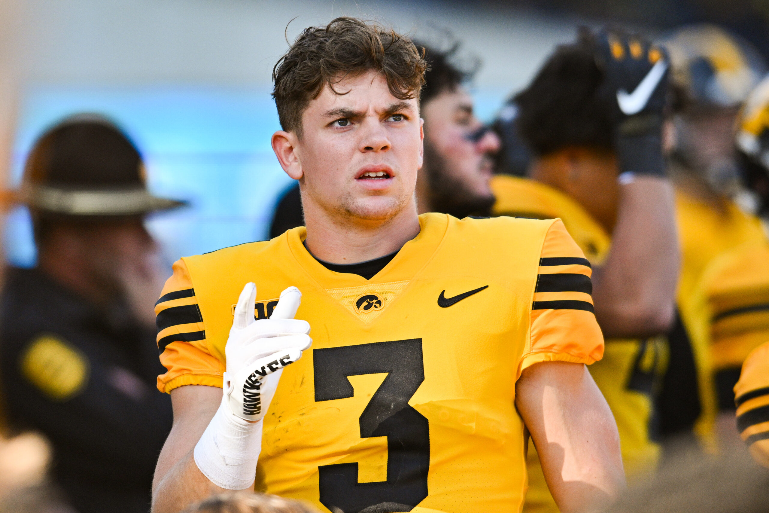 Iowa Hawkeyes defensive back Cooper DeJean (3) reacts during the second quarter against the Minnesota Golden Gophers at Kinnick Stadium.