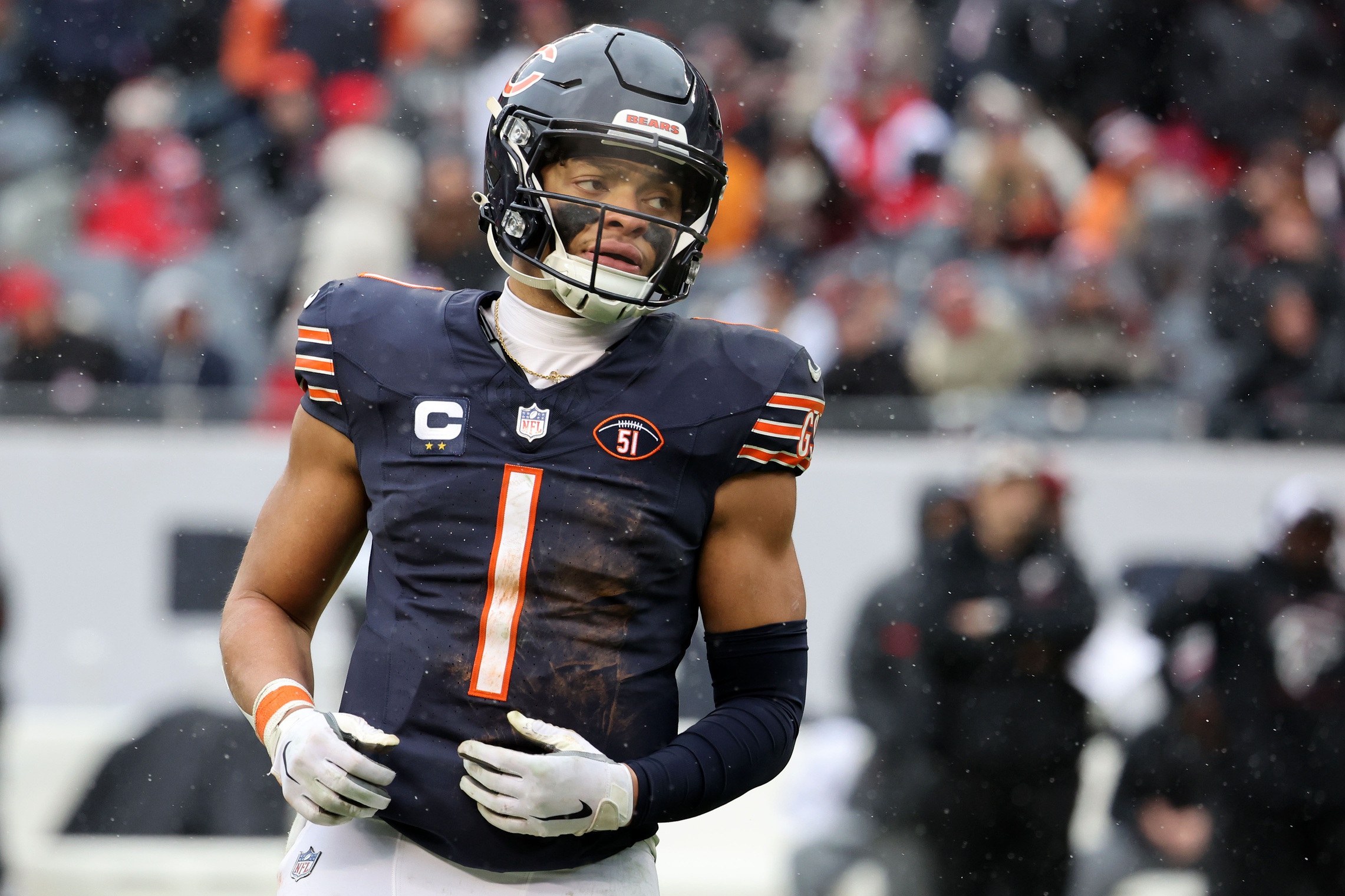 Chicago Bears quarterback Justin Fields (1) during the second half against the Atlanta Falcons at Soldier Field.