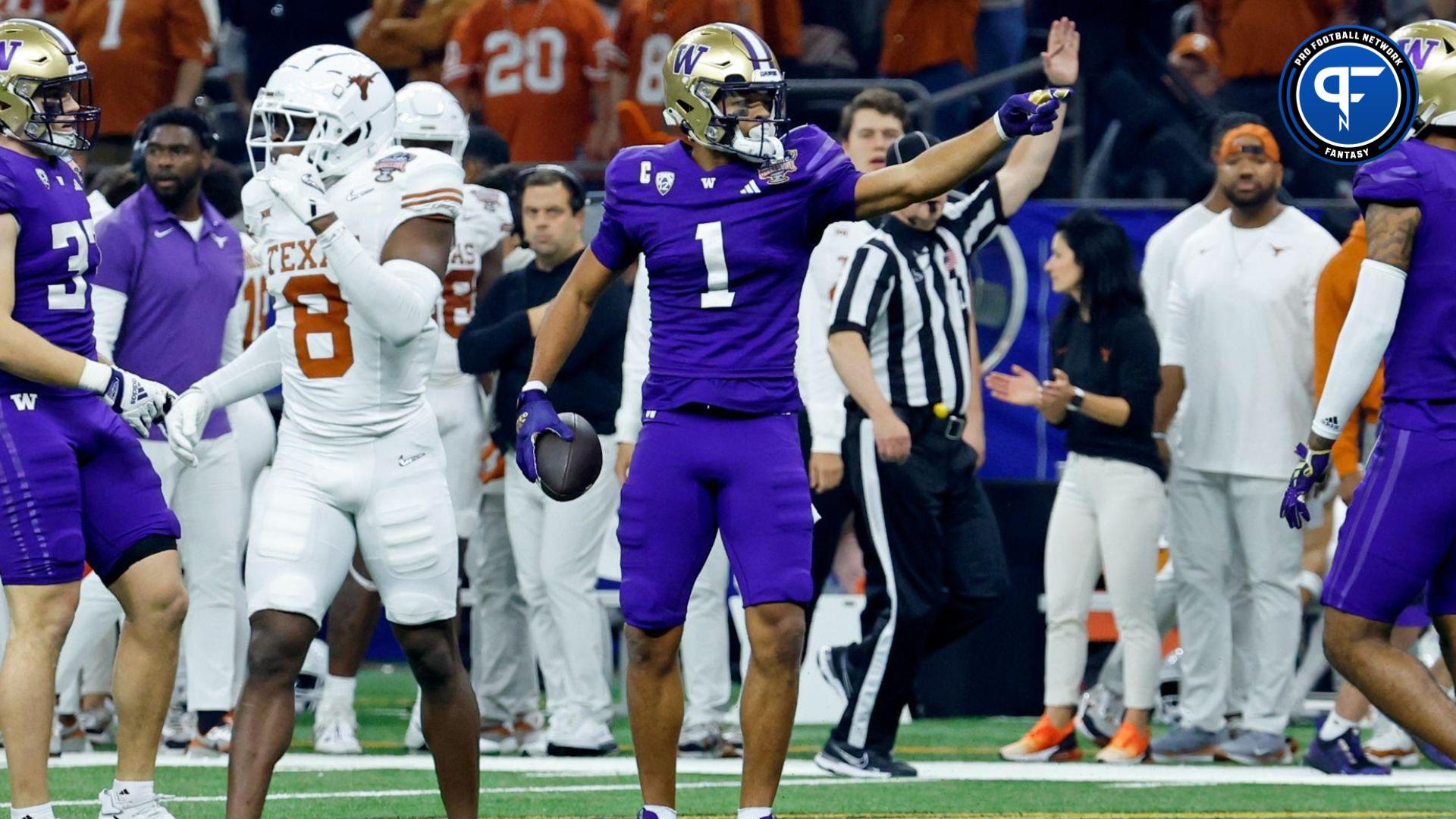 Washington Huskies wide receiver Rome Odunze (1) reacts after a play against the Texas Longhorns during the second quarter of the 2024 Sugar Bowl college football playoff semifinal game at Caesars Superdome.