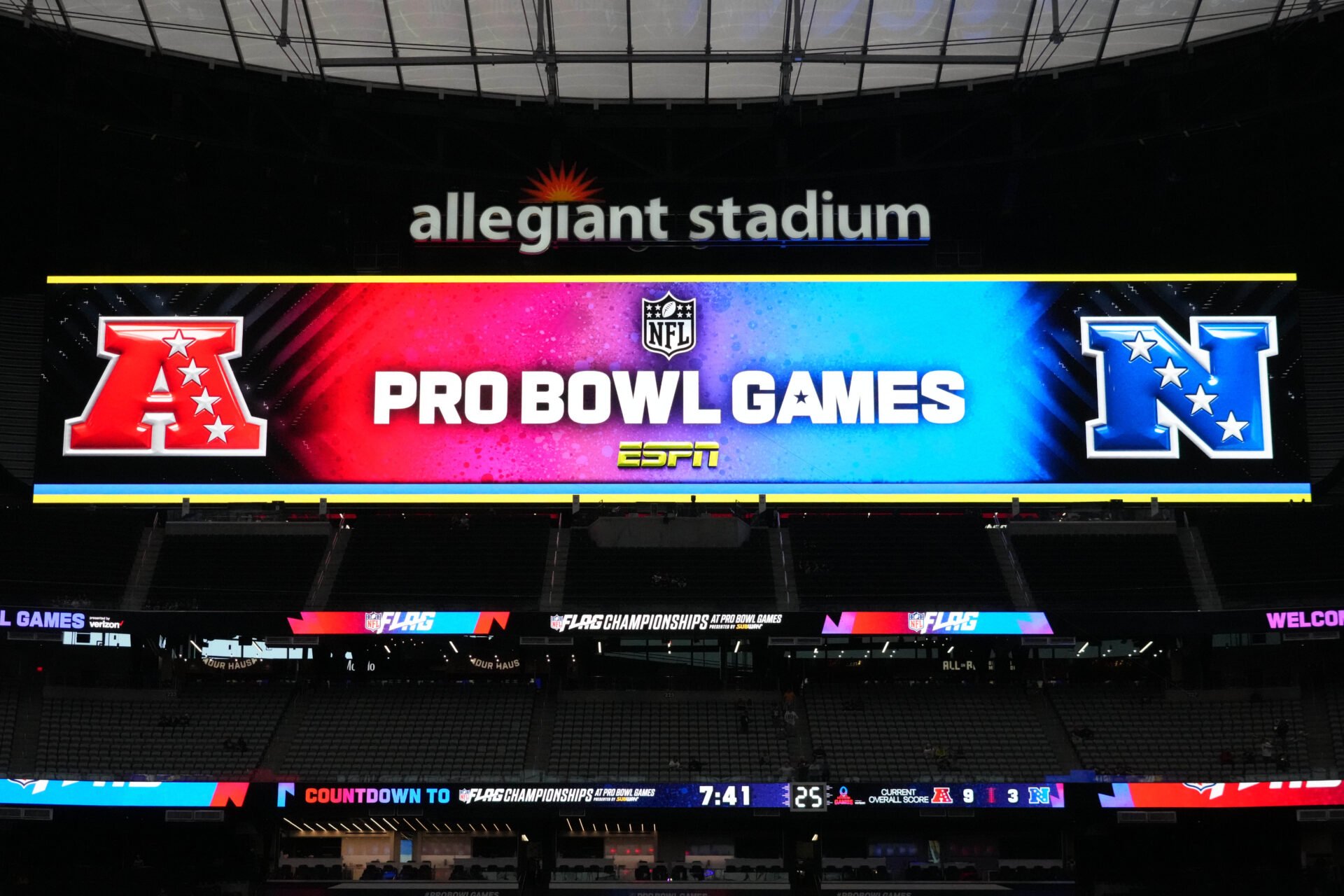 The AFC and NFC and Pro Bowl Games logo on the video board at Allegiant Stadium.