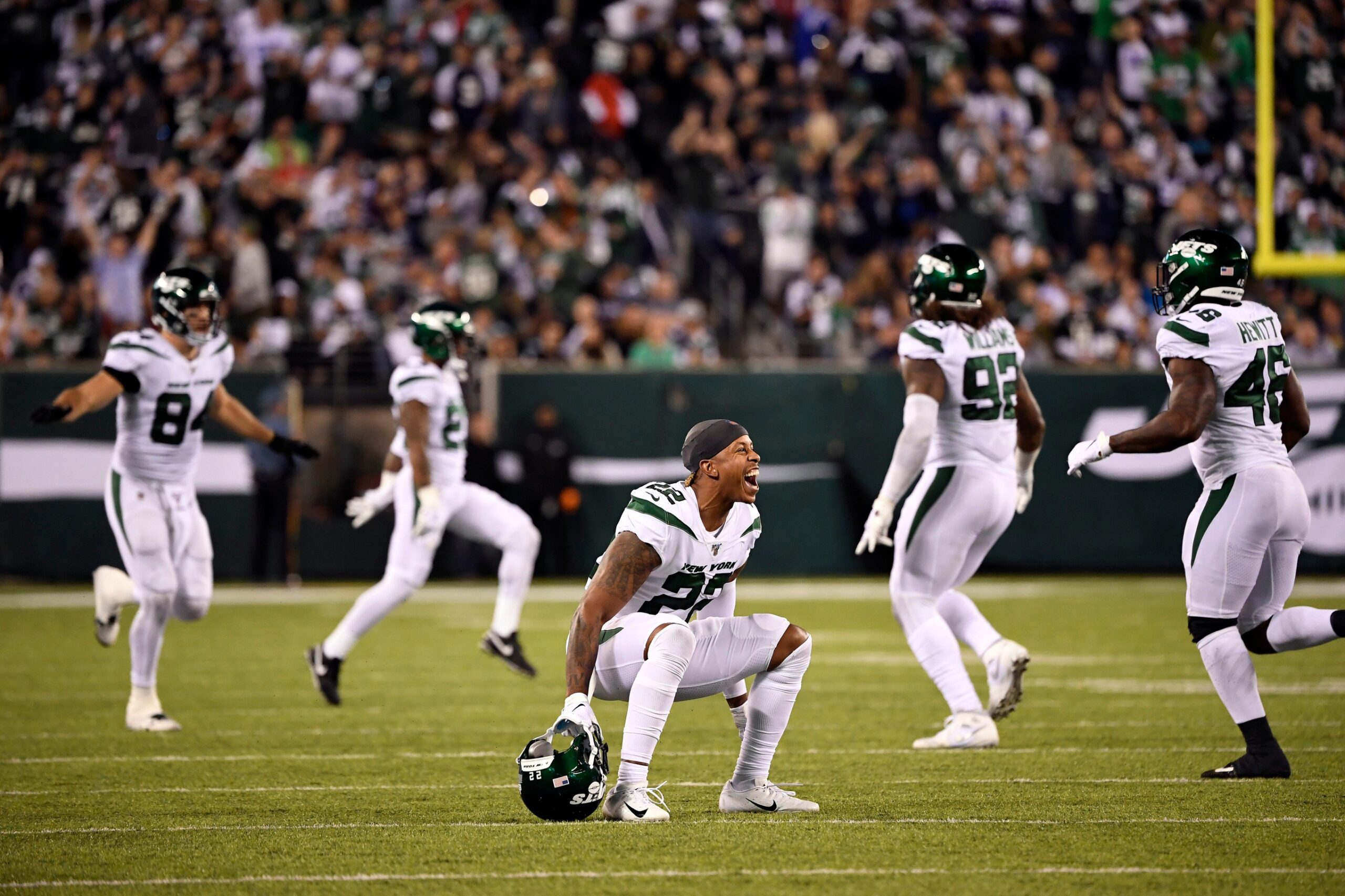 New York Jets cornerback Trumaine Johnson (22) reacts after the Dallas Cowboys miss a field goal in the third quarter. The New York Jets defeat the Dallas Cowboys, 24-22, on Sunday, Oct. 13, 2019, in East Rutherford.