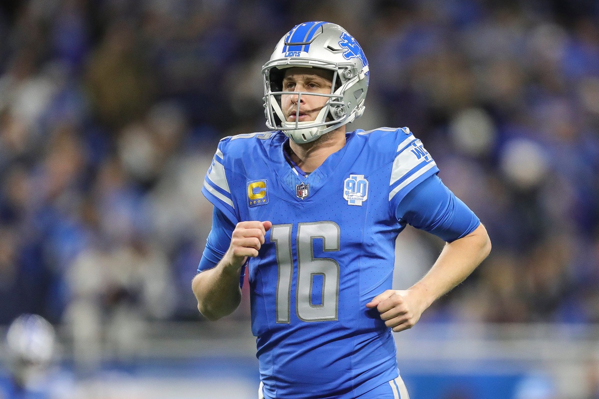 Lions quarterback Jared Goff takes the field during warmups before the NFC wild card game at Ford Field on Sunday, Jan, 14, 2024.