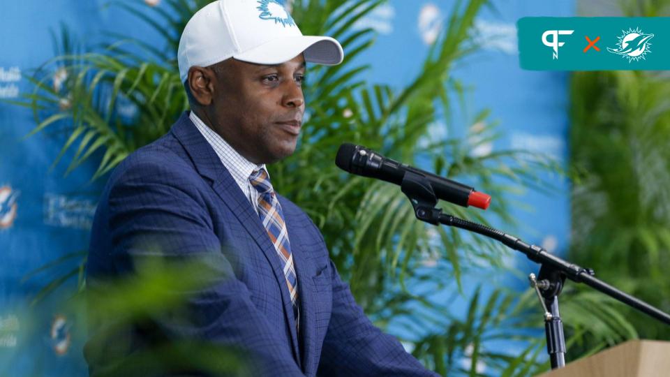 Miami Dolphins general manager Chris Grier speaks during a press conference to introduce Mike McDaniel (not pictured) as the new head coach of the Miami Dolphins at Baptist Health Training Center.