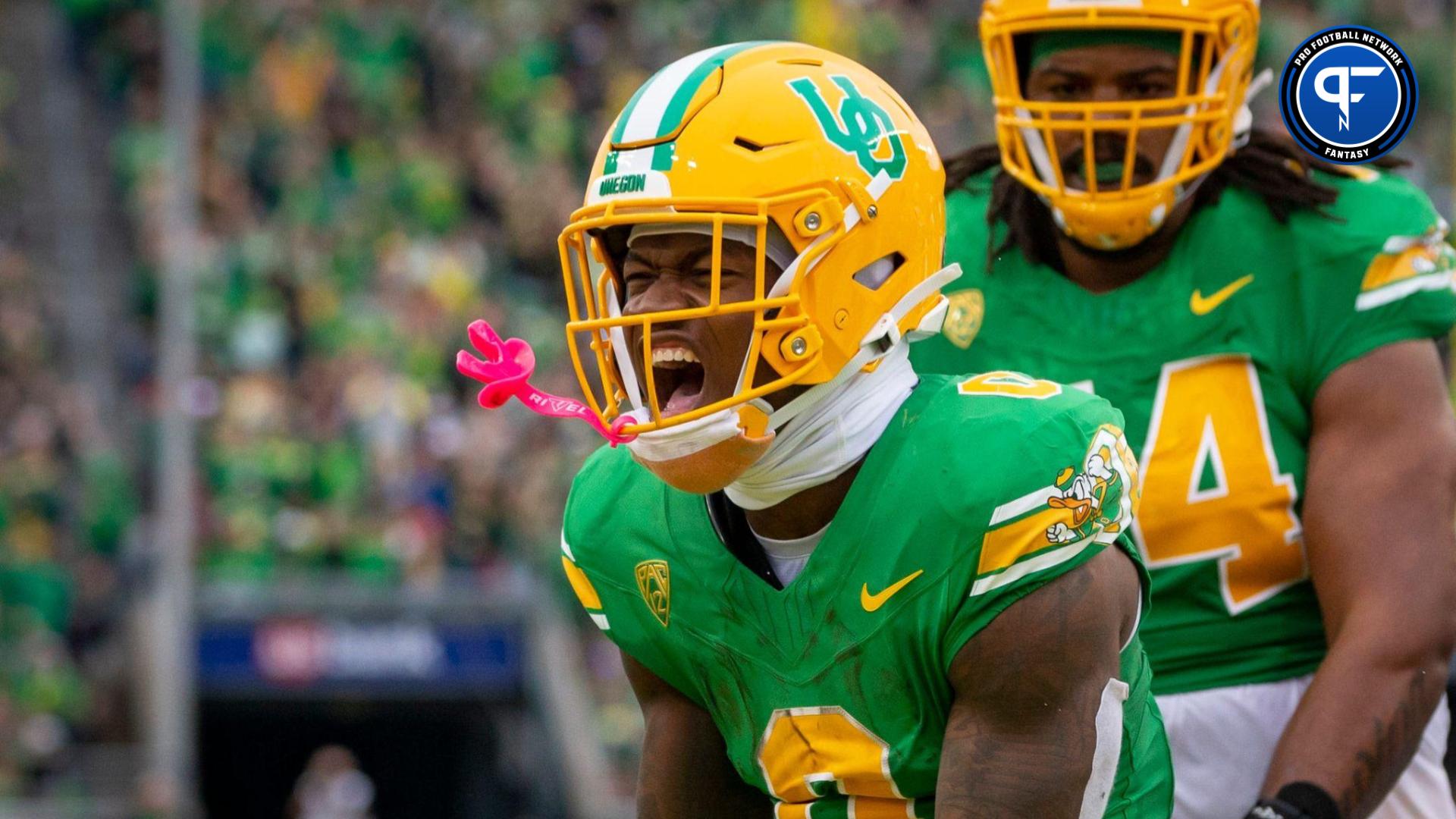 Oregon running back Bucky Irving celebrates a touchdown as the No. 9 Oregon Ducks host Washington State Saturday, Oct. 21, 2023, at Autzen Stadium in Eugene, Ore.