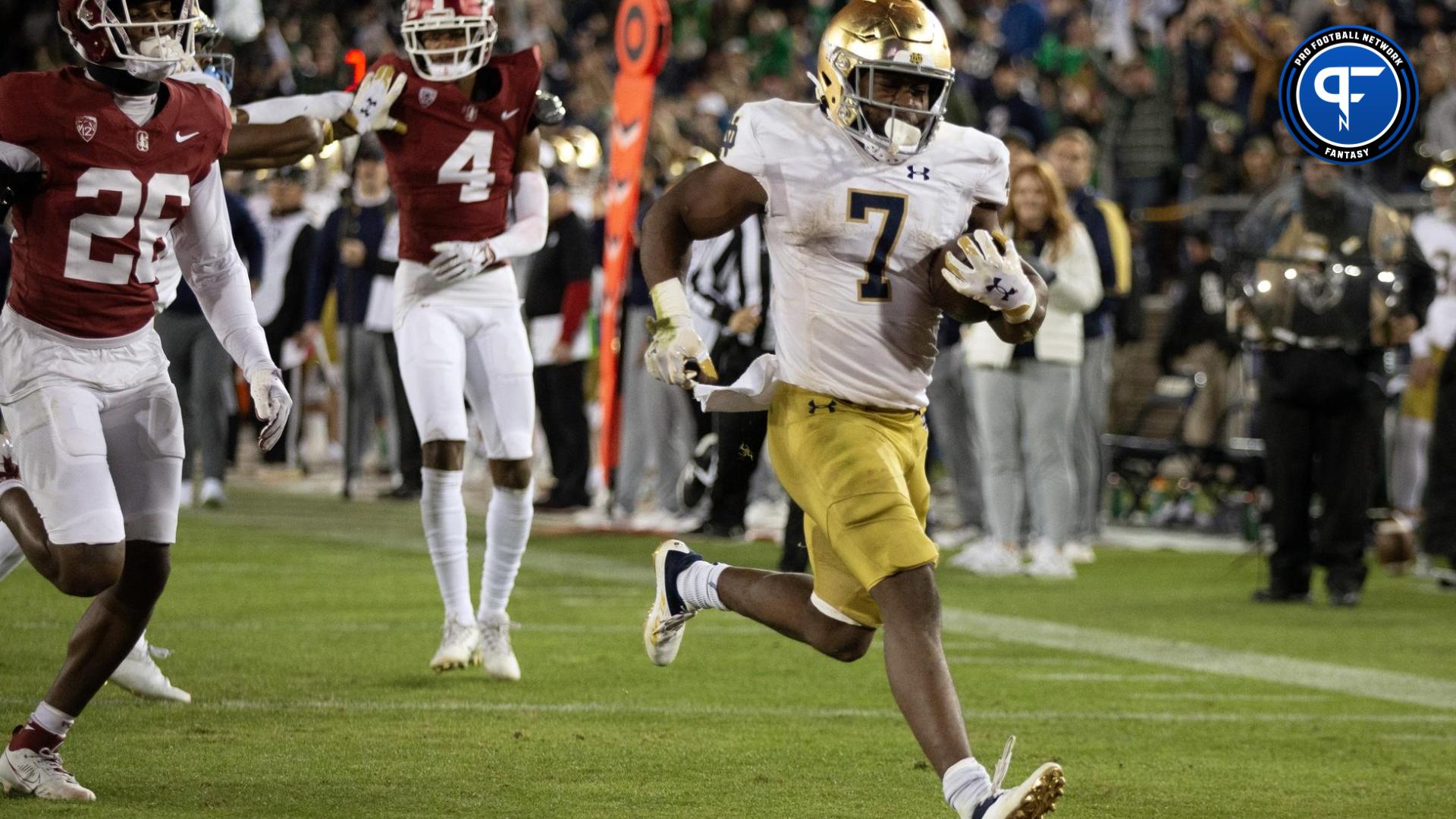 Notre Dame Fighting Irish running back Audric Estim (7) breaks free for another touchdown run against the Stanford Cardinal during the third quarter at Stanford Stadium.