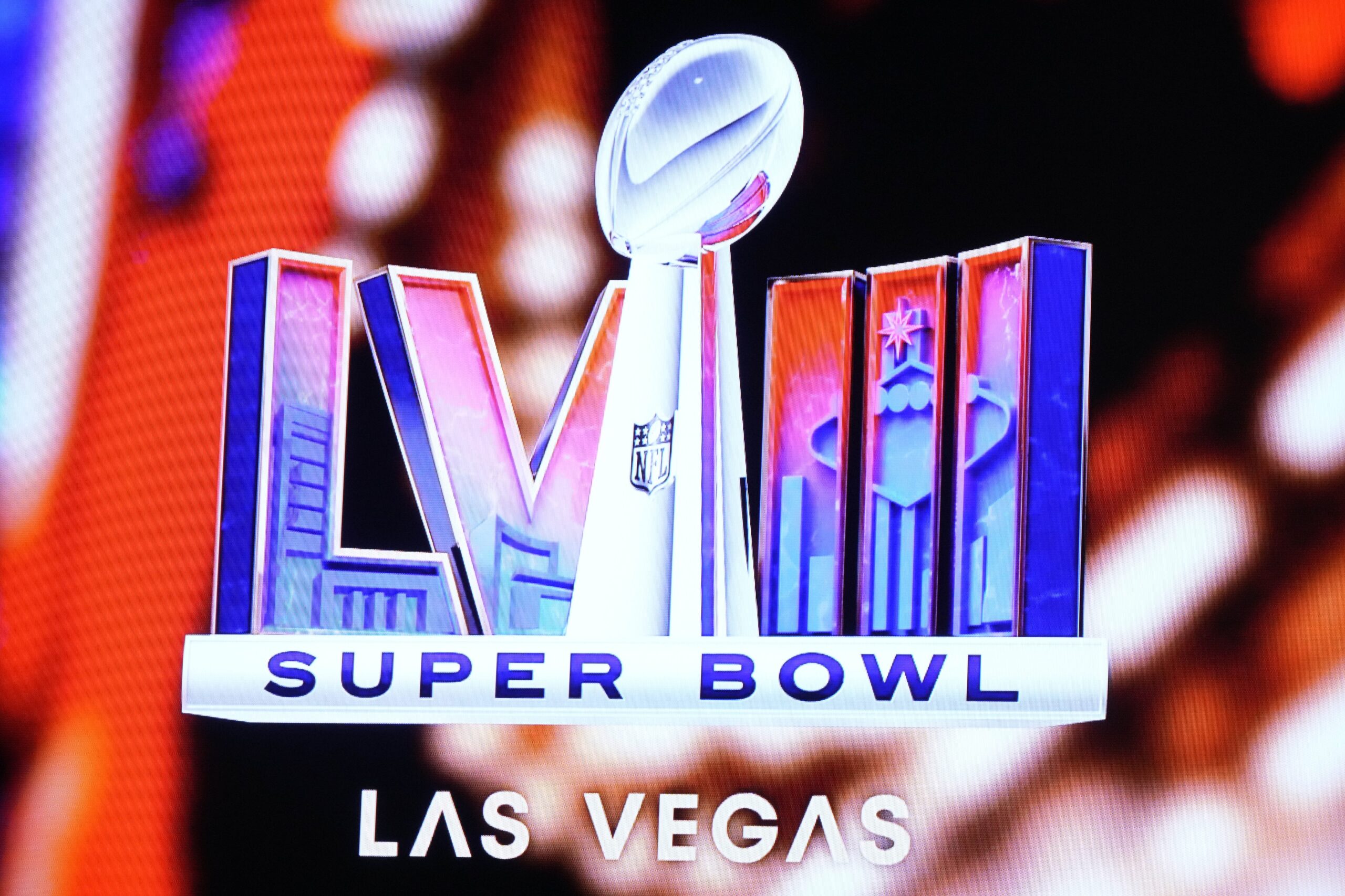 The Las Vegas Super Bowl LVIII logo at the Super Bowl Host Committee Handoff press conference at the Phoenix Convention Center.