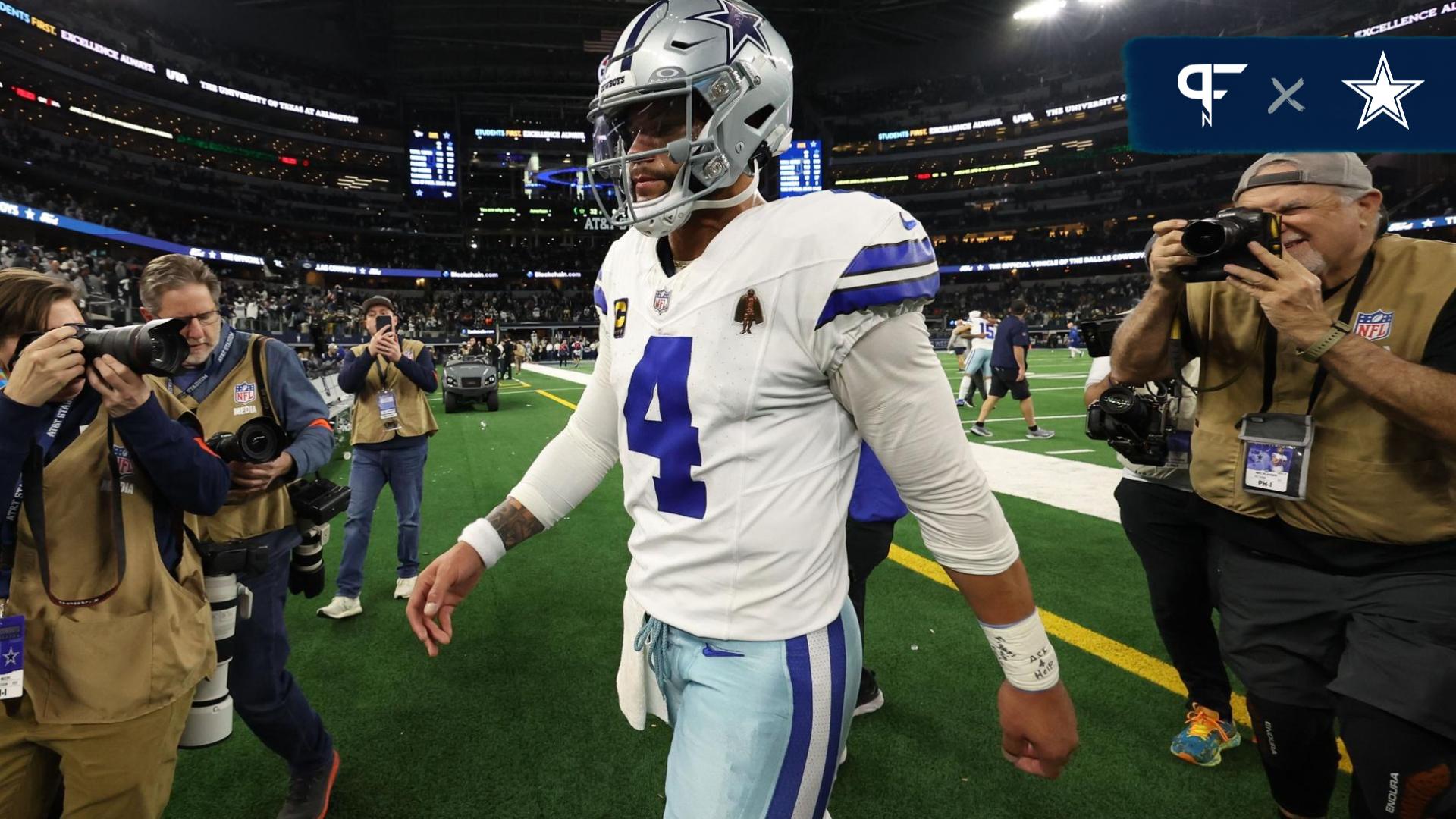 Dallas Cowboys QB Dak Prescott (4) walks off the field against the Green Bay Packers after the 2024 NFC Wild Card game at AT&T Stadium.