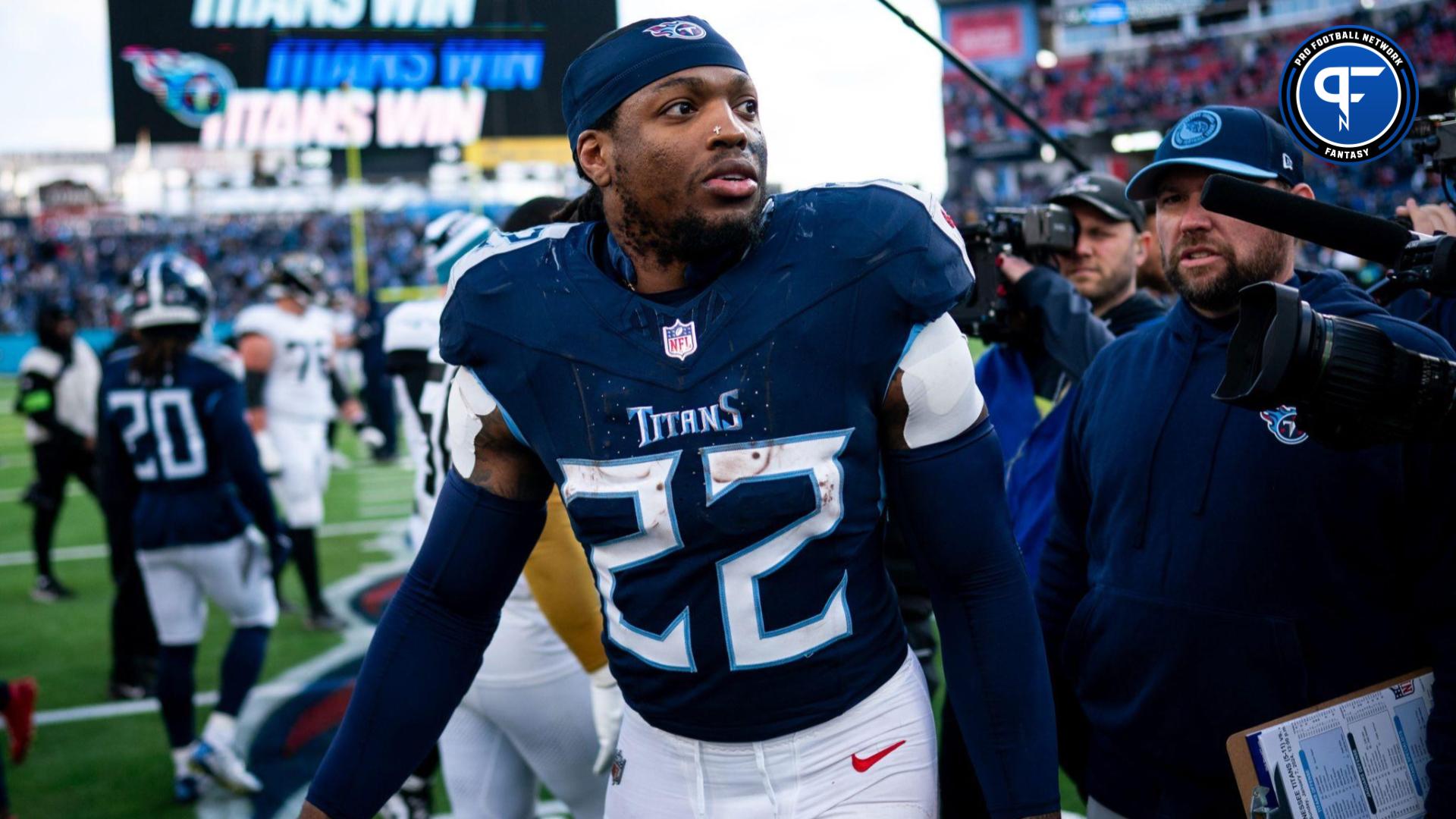 Tennessee Titans running back Derrick Henry (22) exits the field after defeating Jacksonville Jaguars 28-20 at Nissan Stadium in Nashville, Tenn.,