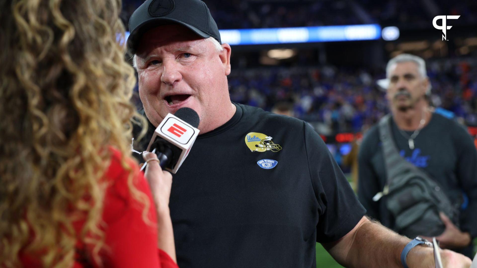 UCLA Bruins head coach Chip Kelly speaks at post game interview after defeating the Boise State Broncos 35-22 during the LA Bowl at SoFi Stadium.