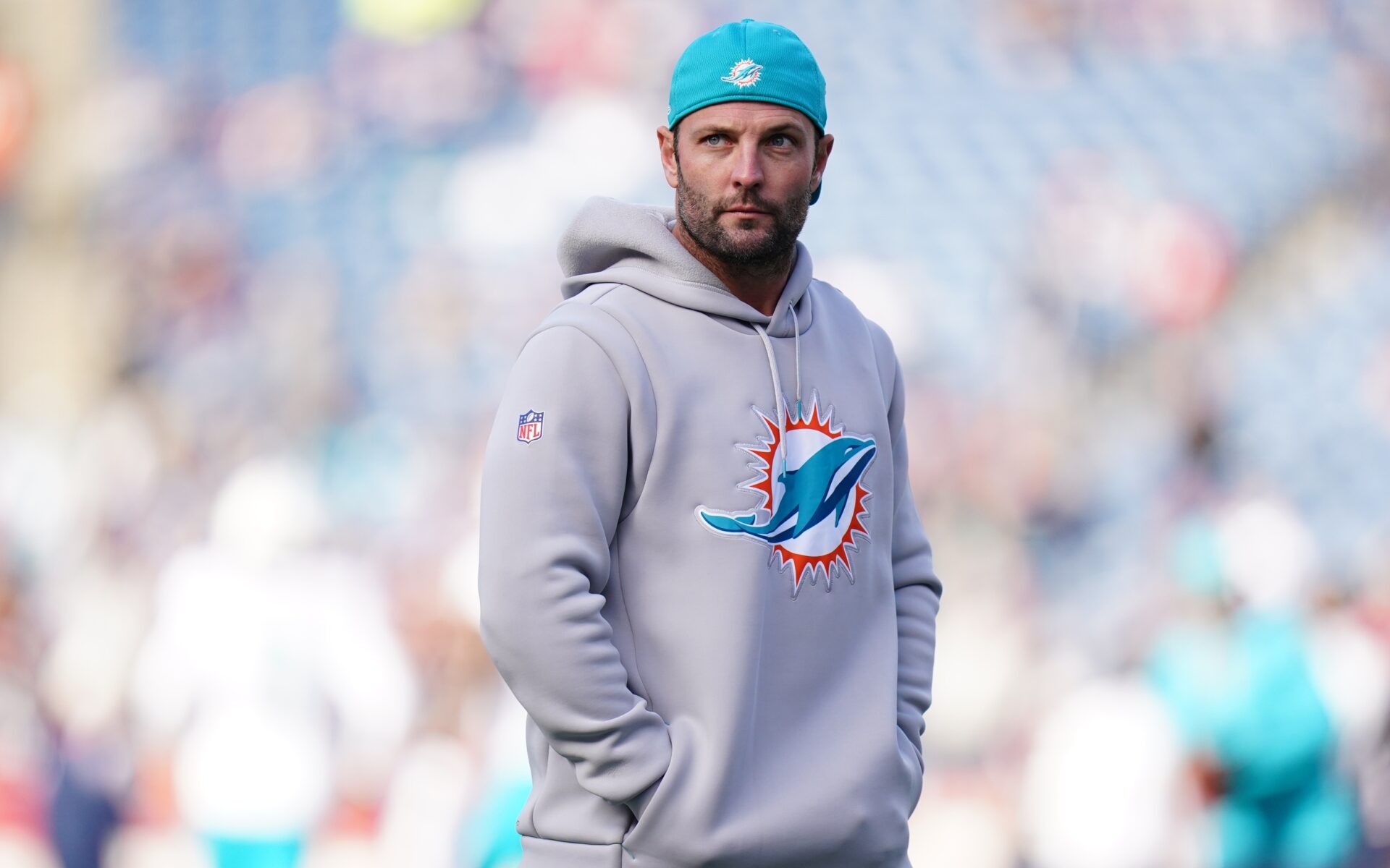 Miami Dolphins wide receivers coach and former New England Patriots player Wes Welker on the field for warm up before the start of the game against the New England Patriots at Gillette Stadium.
