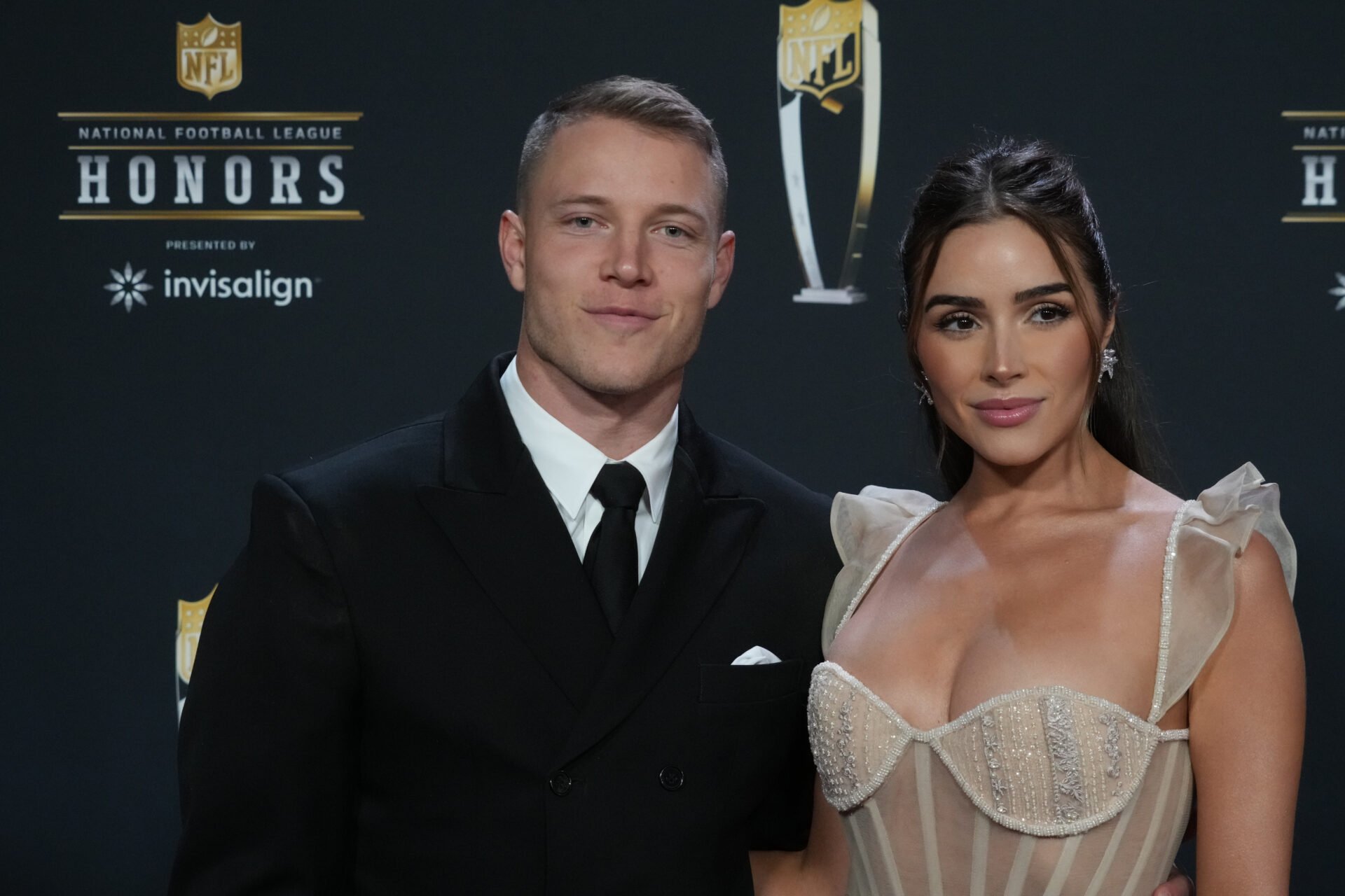 San Fancisco 49ers running back Christian McCaffrey poses for a photo on the red carpet before the NFL Honors award show at Symphony Hall