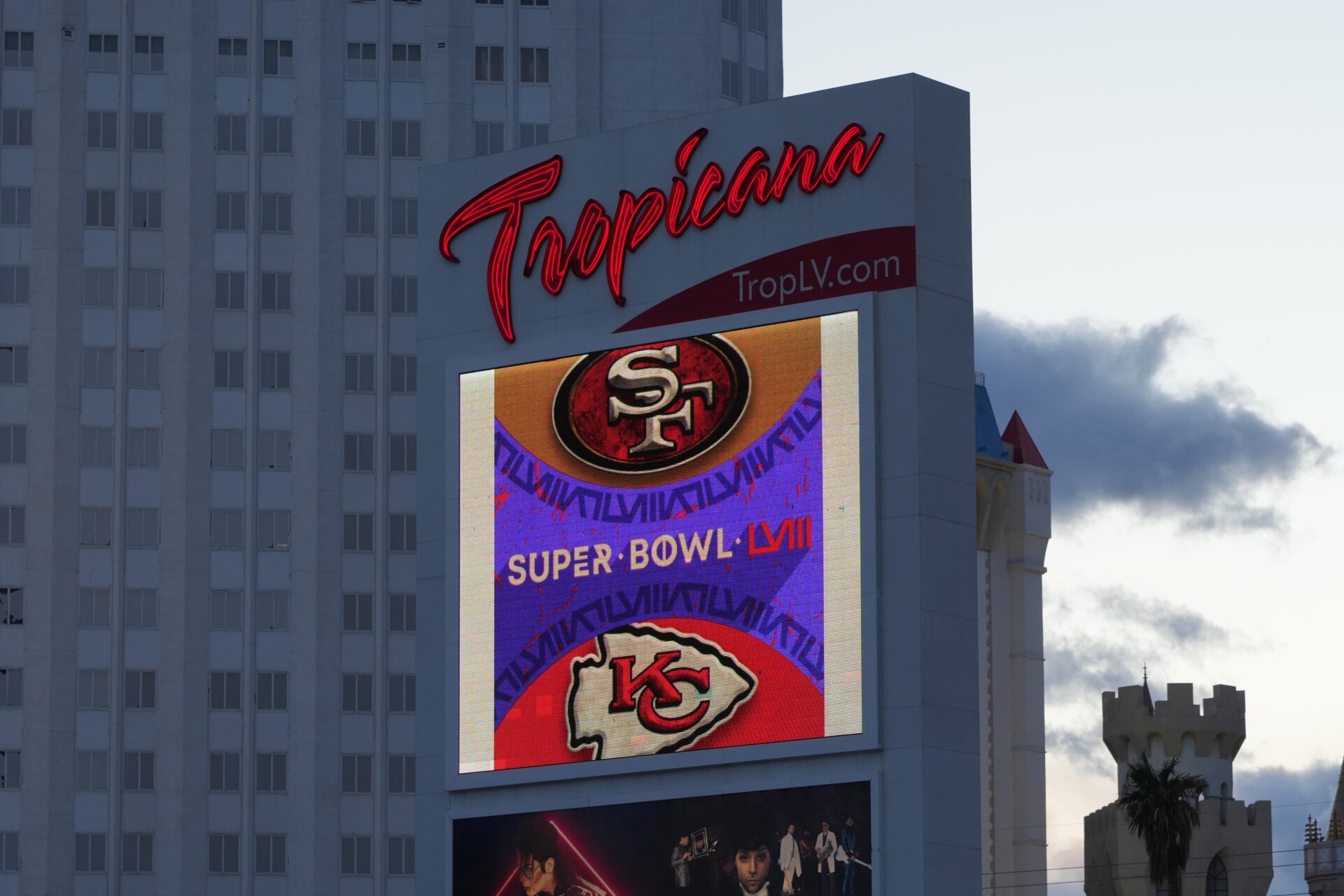 Signage promoting Super Bowl 58 between the San Francisco 49srs and the Kansas City Chiefs at the Tropicana hotel and casino on the strip.