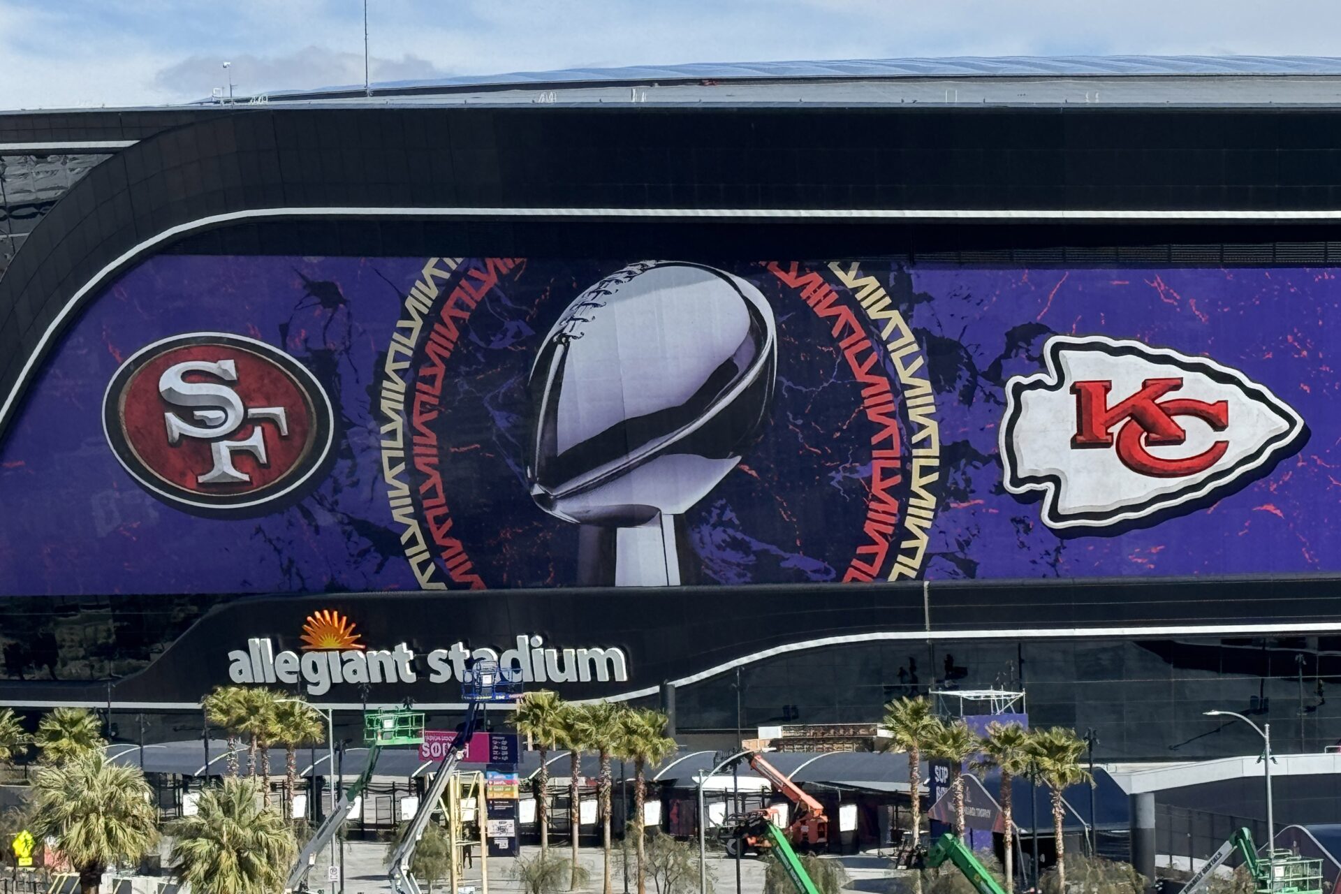 A general overall view of San Francisco 49ers and Kansas City Chiefs on the Allegiant Stadium facade.